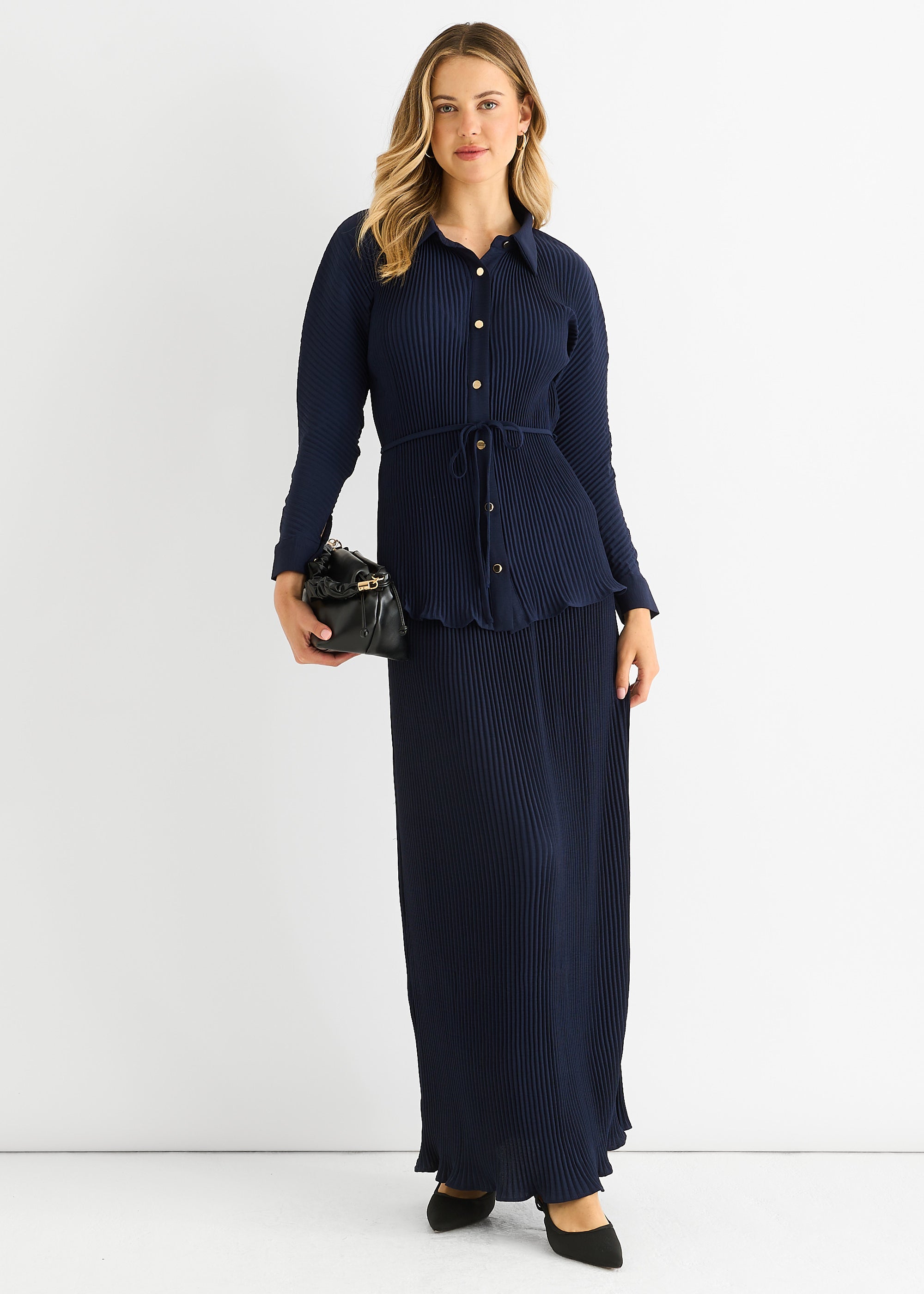 Gini London Navy Plisse Button Through Shirt