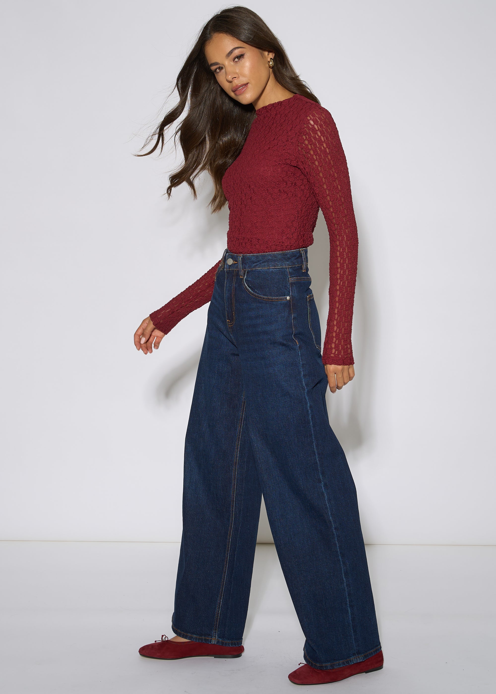 Gini London Burgundy High Neck Jersey Lace Long Sleeve Top