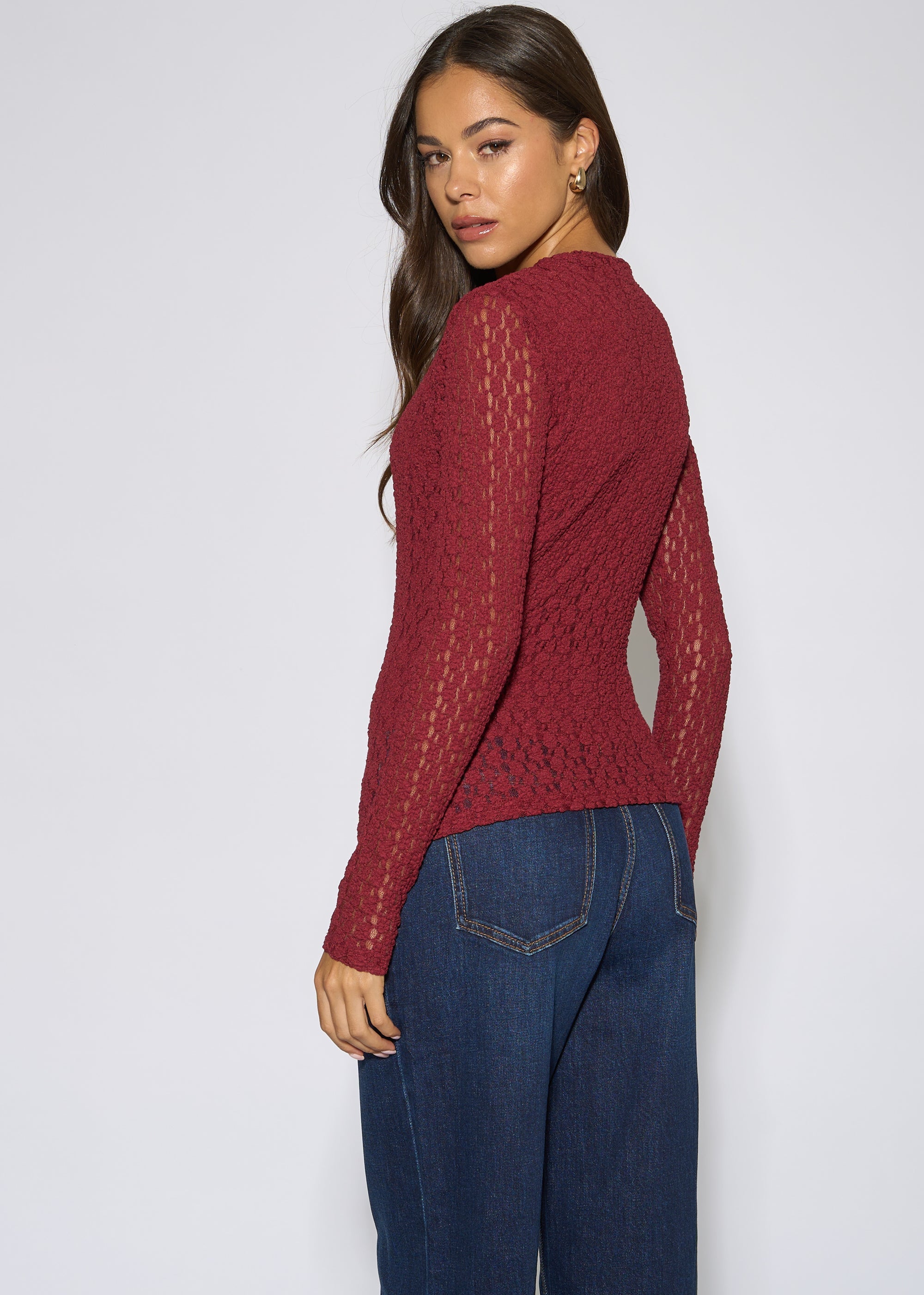 Gini London Burgundy High Neck Jersey Lace Long Sleeve Top