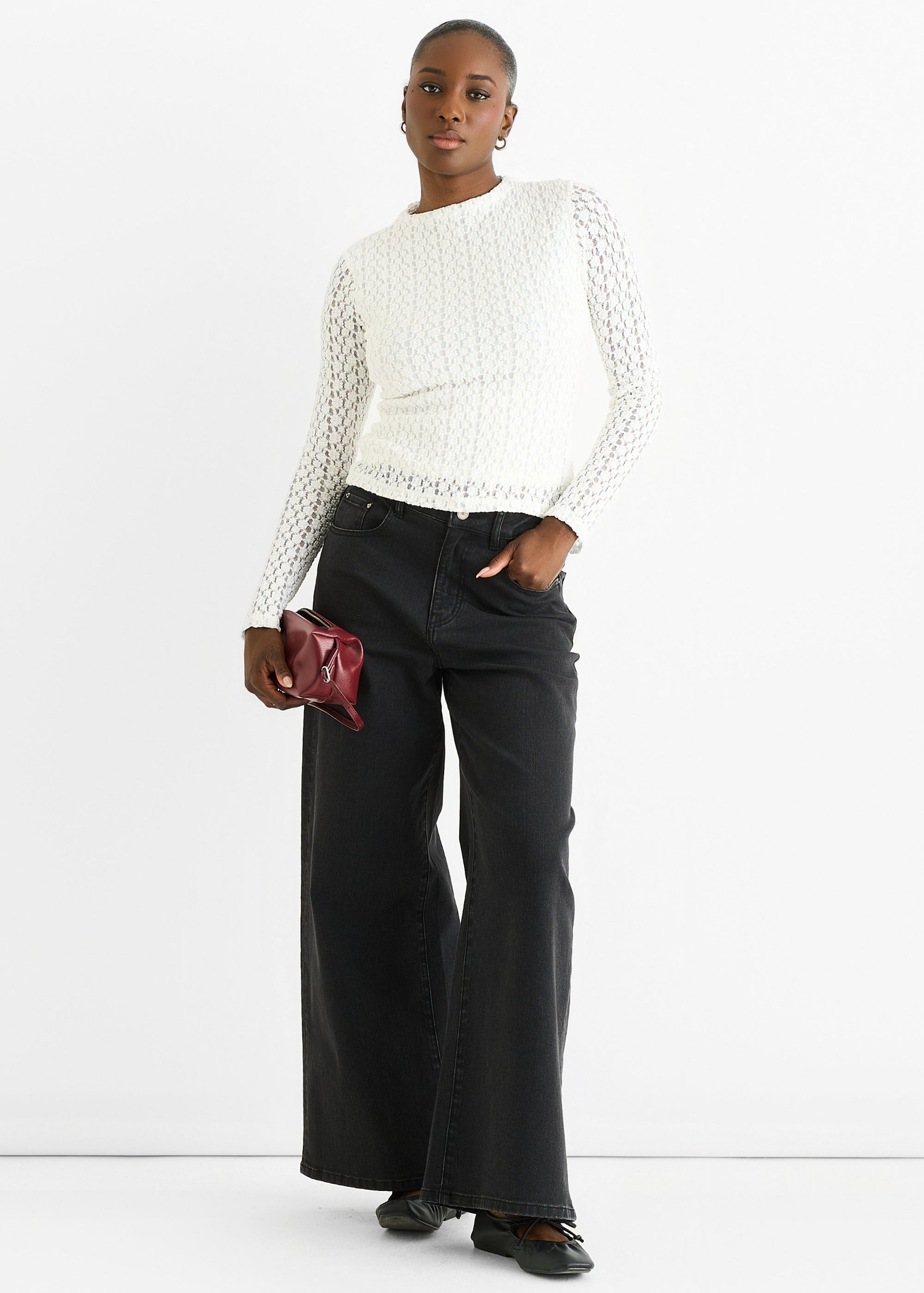 Gini London White High Neck Jersey Lace Long Sleeve Top