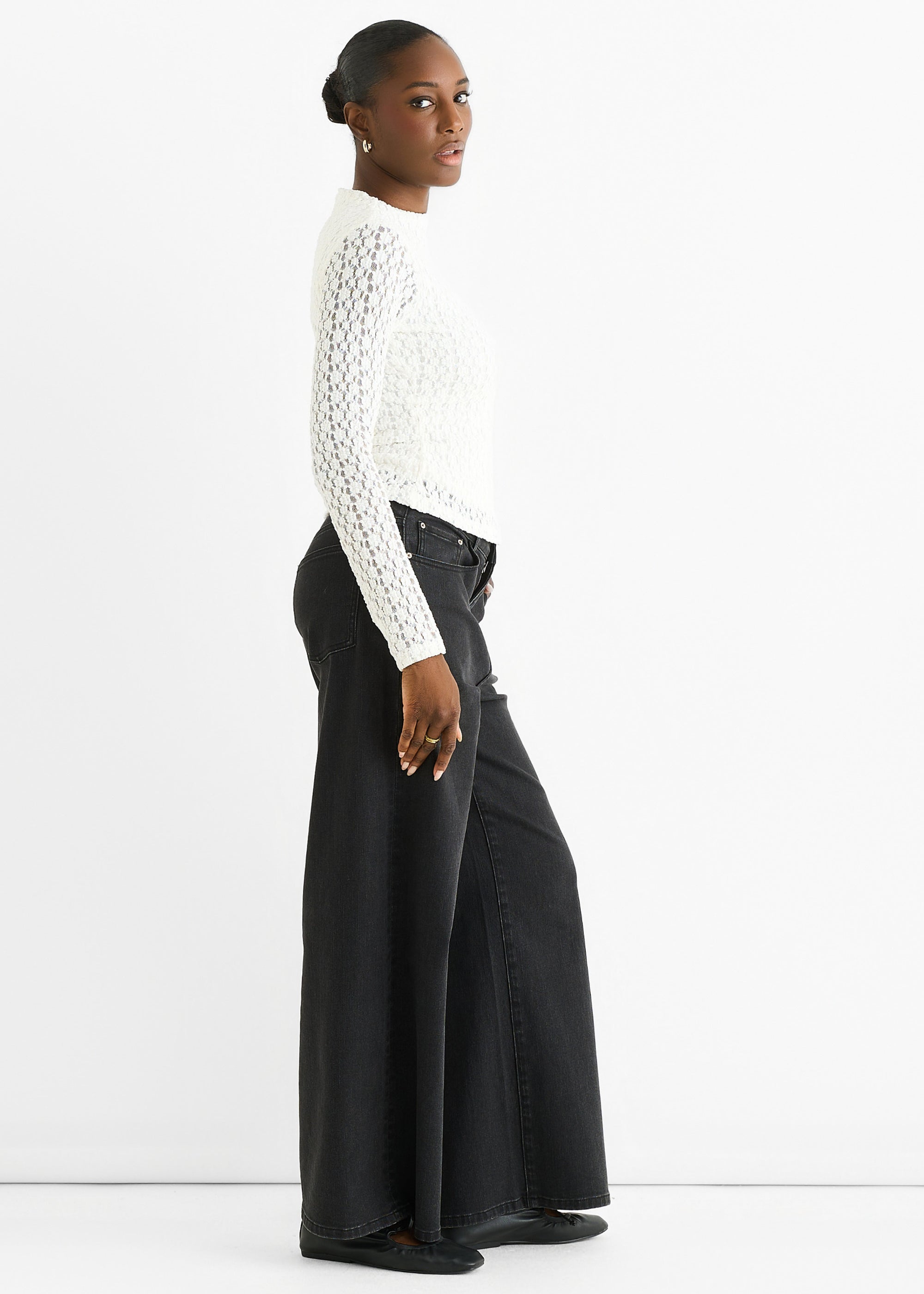 Gini London White High Neck Jersey Lace Long Sleeve Top