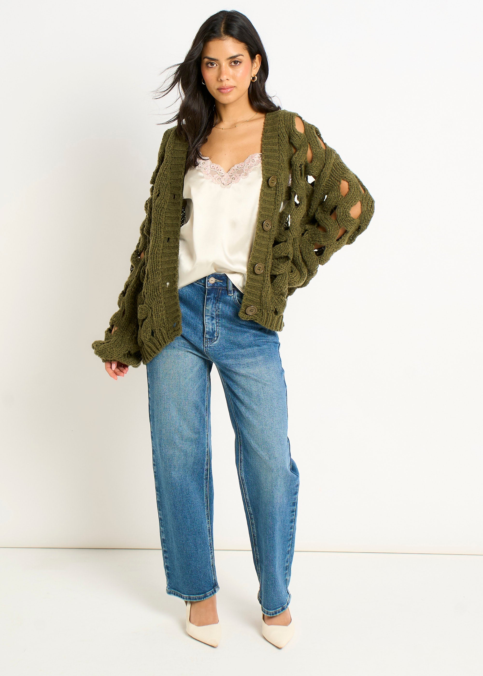 Gini London Khaki Hollow Chunky Knit Cardigan