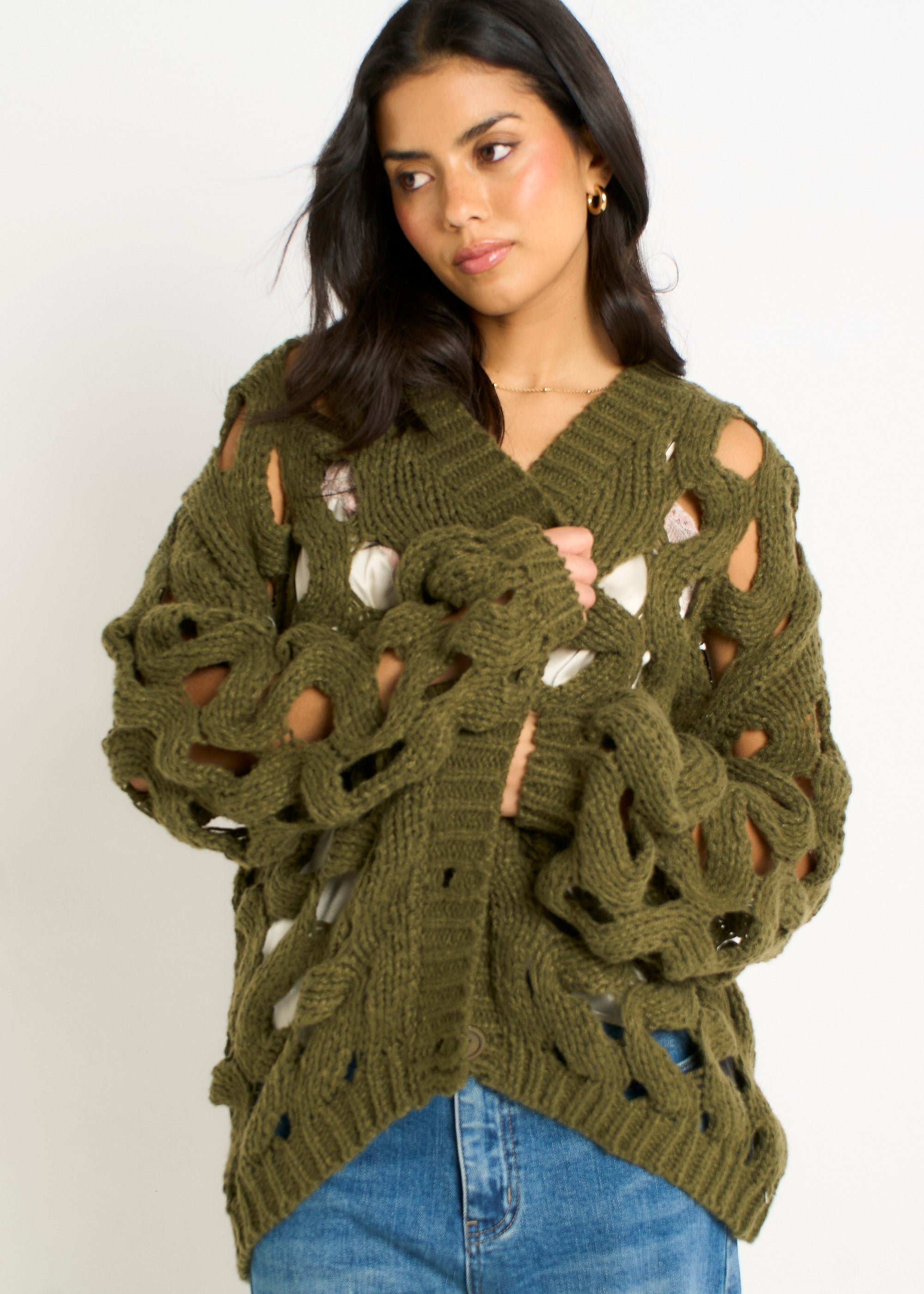 Gini London Khaki Hollow Chunky Knit Cardigan
