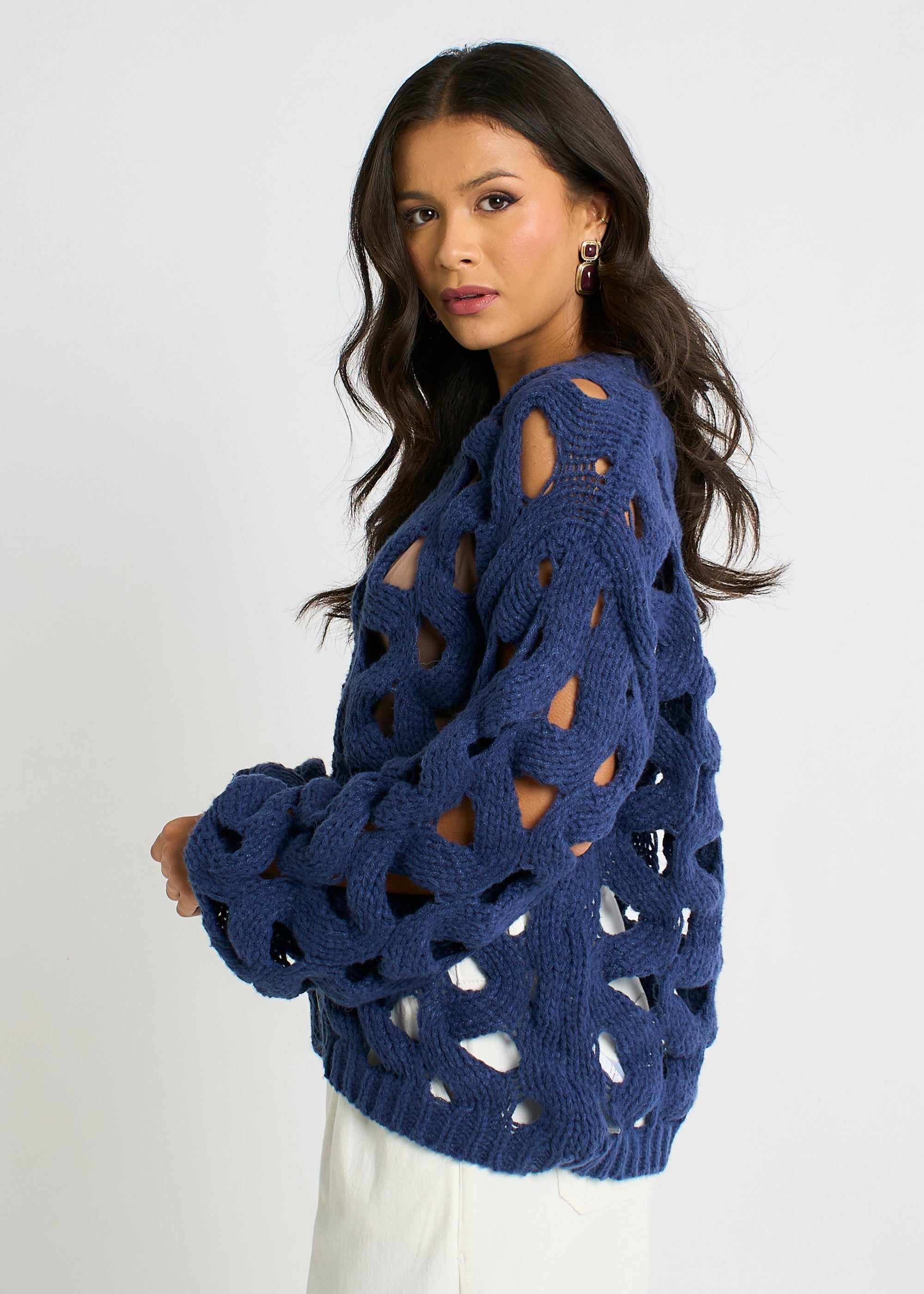 Gini London Navy Hollow Chunky Knit Cardigan