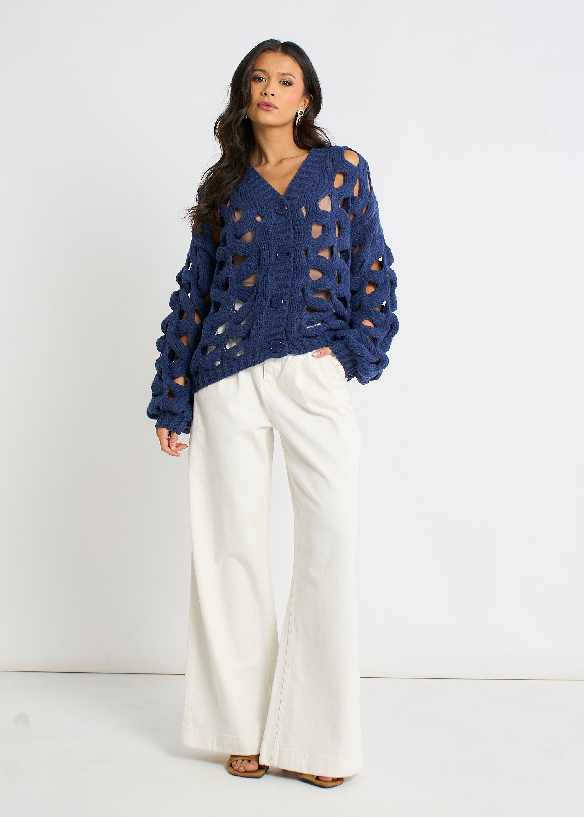 Gini London Navy Hollow Chunky Knit Cardigan