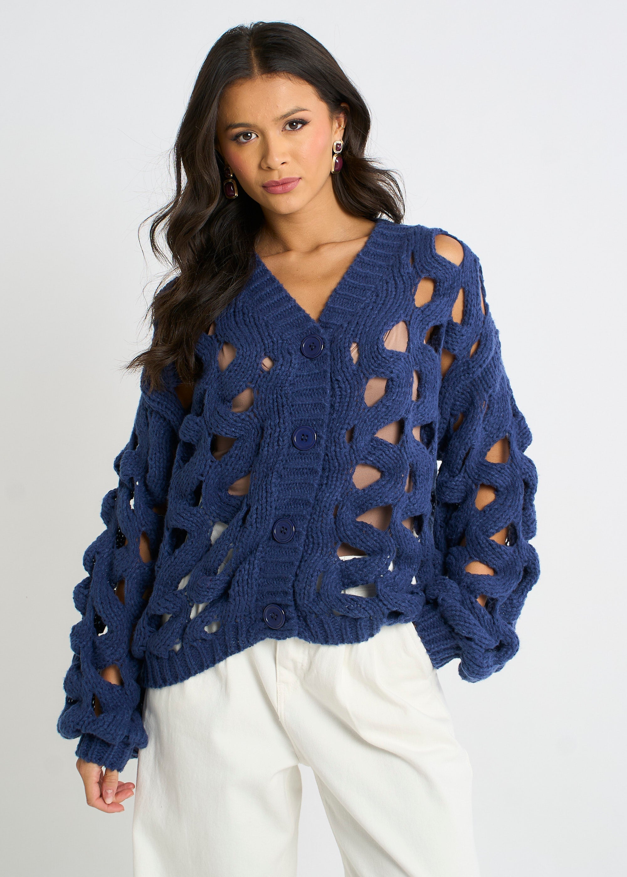 Gini London Navy Hollow Chunky Knit Cardigan