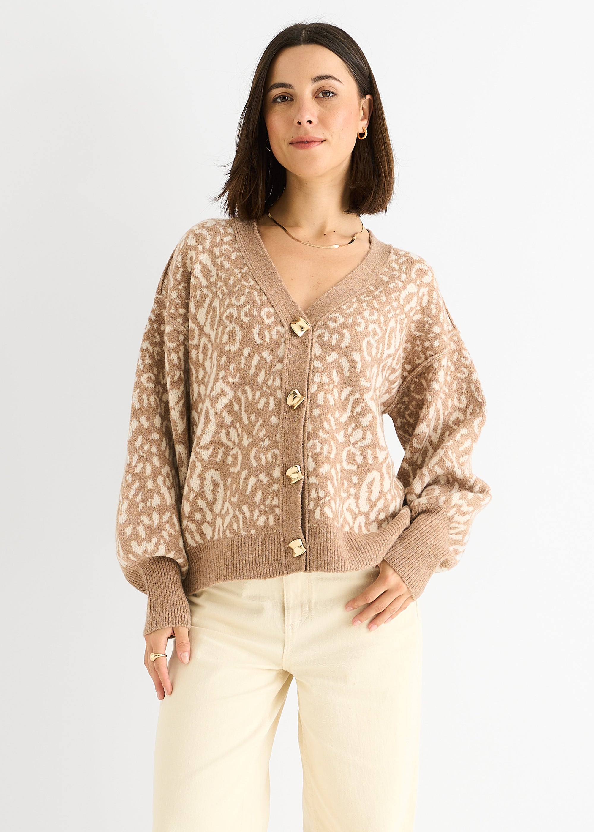 Gini London Camel Animal Print Wool Mix Cardigan Look Jumper