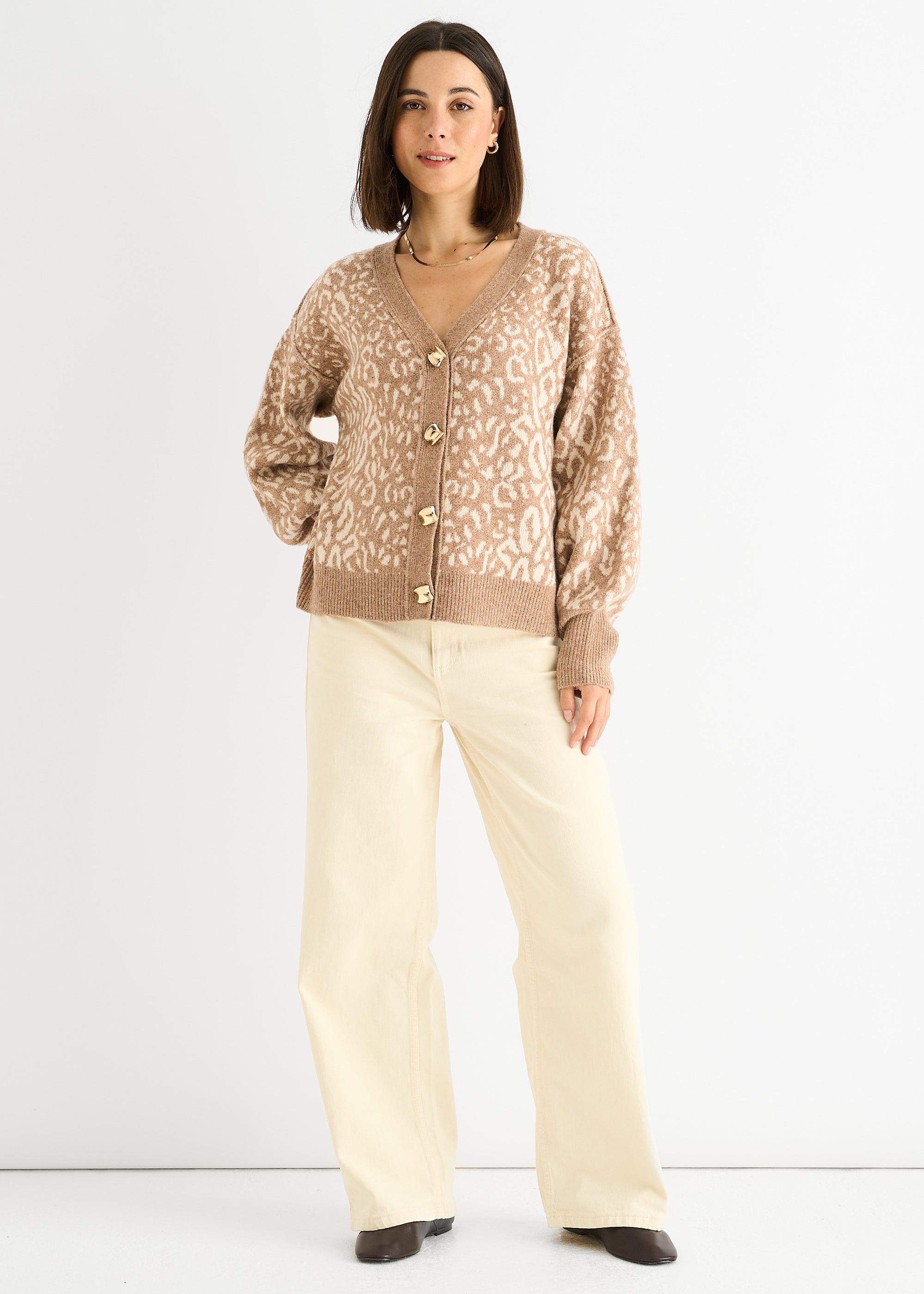 Gini London Camel Animal Print Wool Mix Cardigan Look Jumper