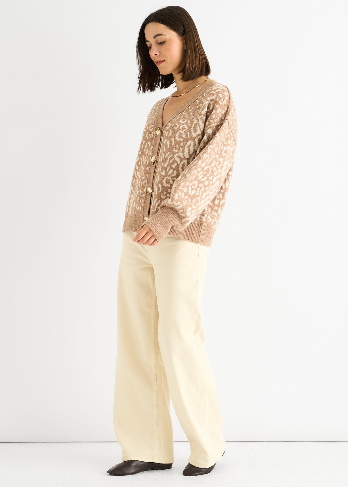 Gini London Camel Animal Print Wool Mix Cardigan Look Jumper