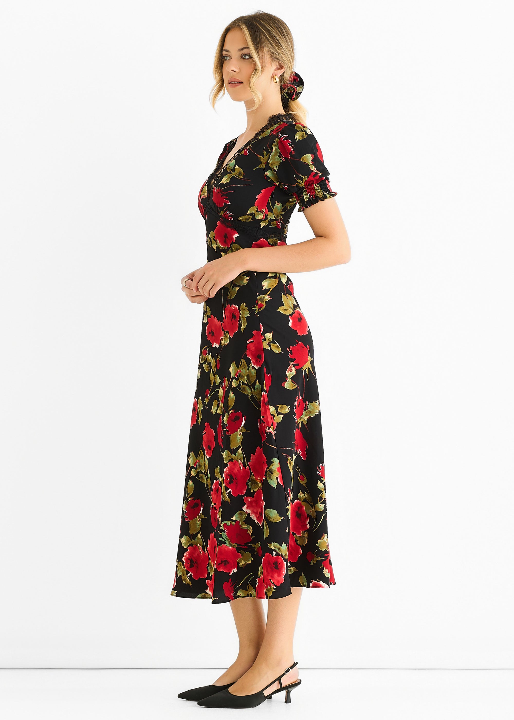 Gini London Black Floral Lace Trim Detail Midi Dress
