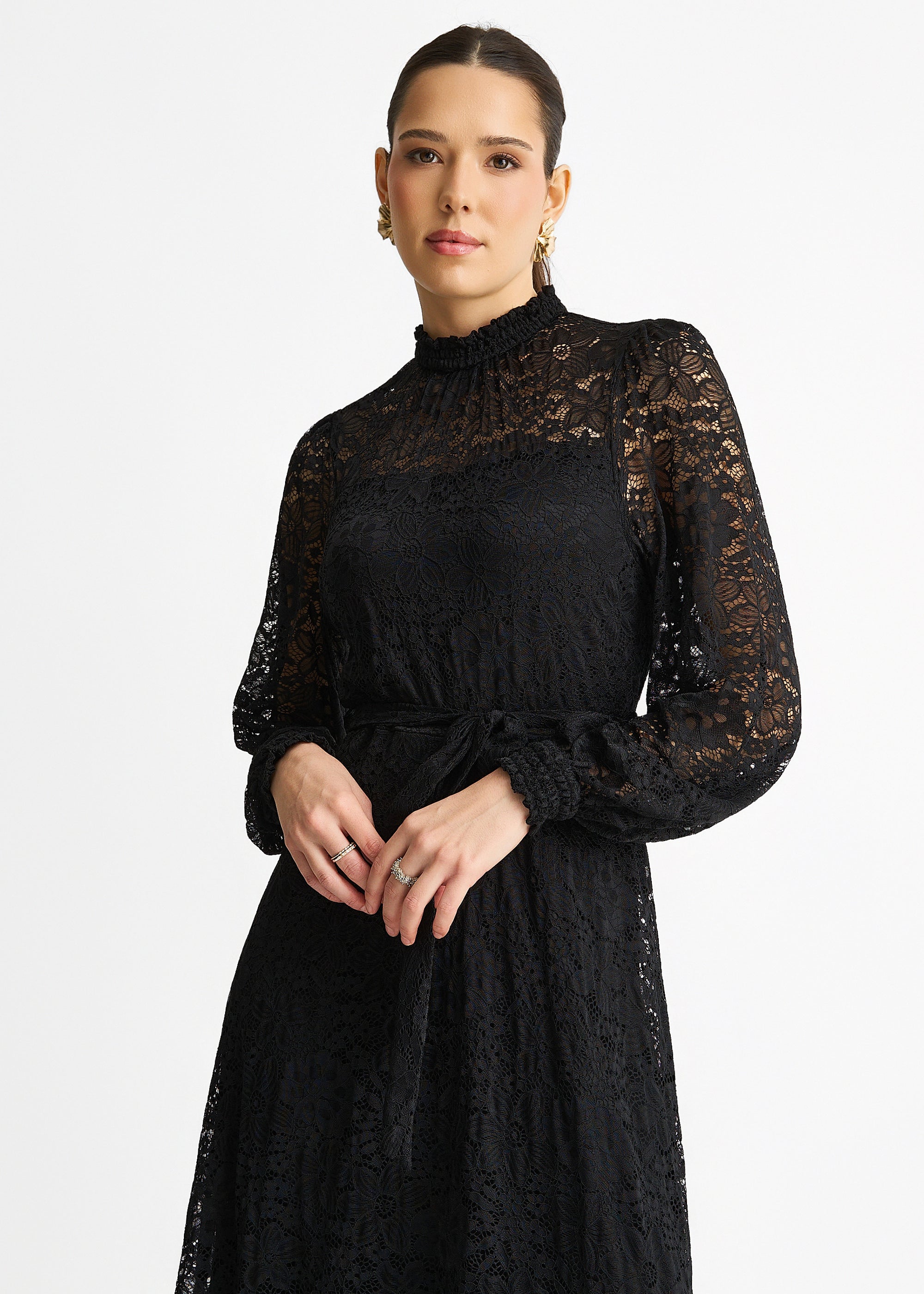 Gini London Black High Neck Jersey Lace Occasion Midi Dress