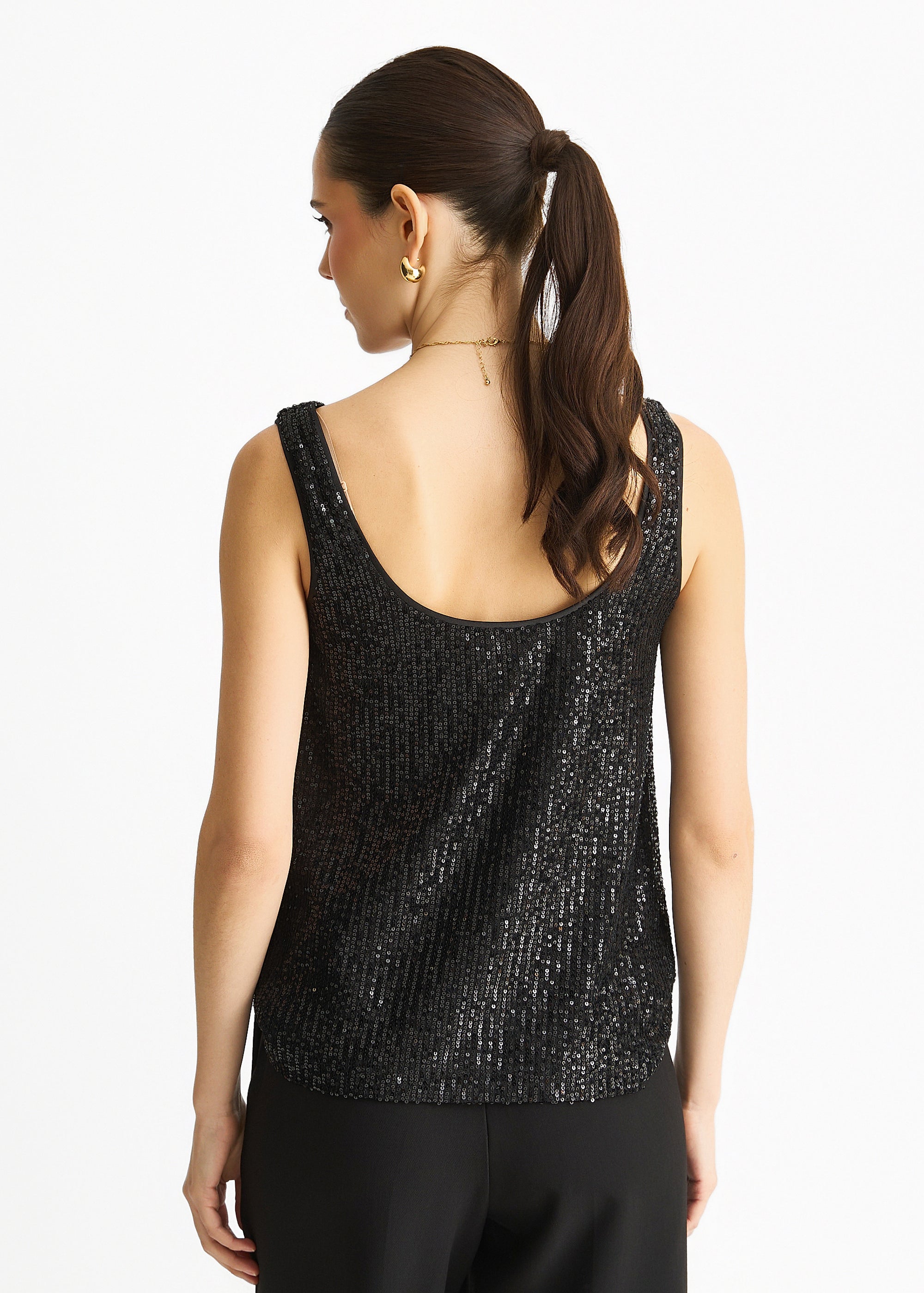 Gini London Black Sequin Cowl Neck Cami Top