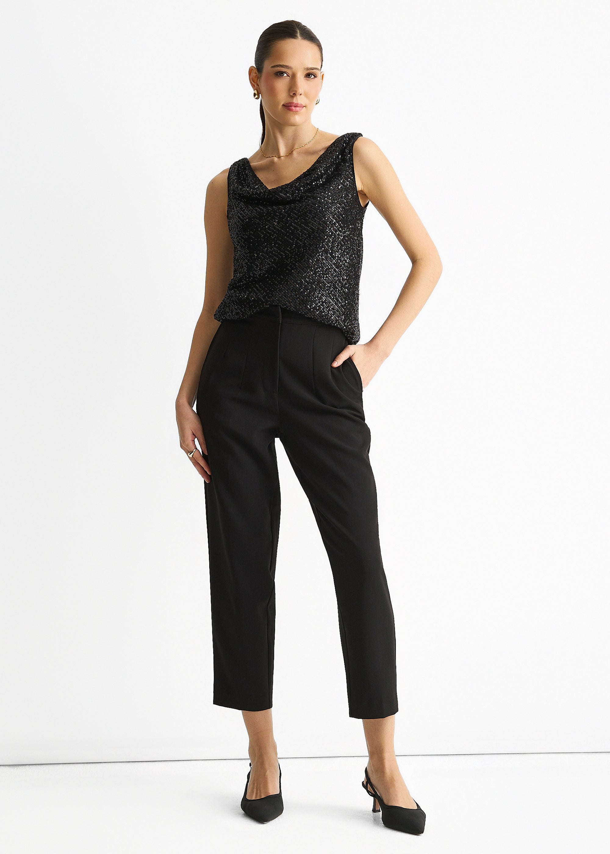 Gini London Black Sequin Cowl Neck Cami Top