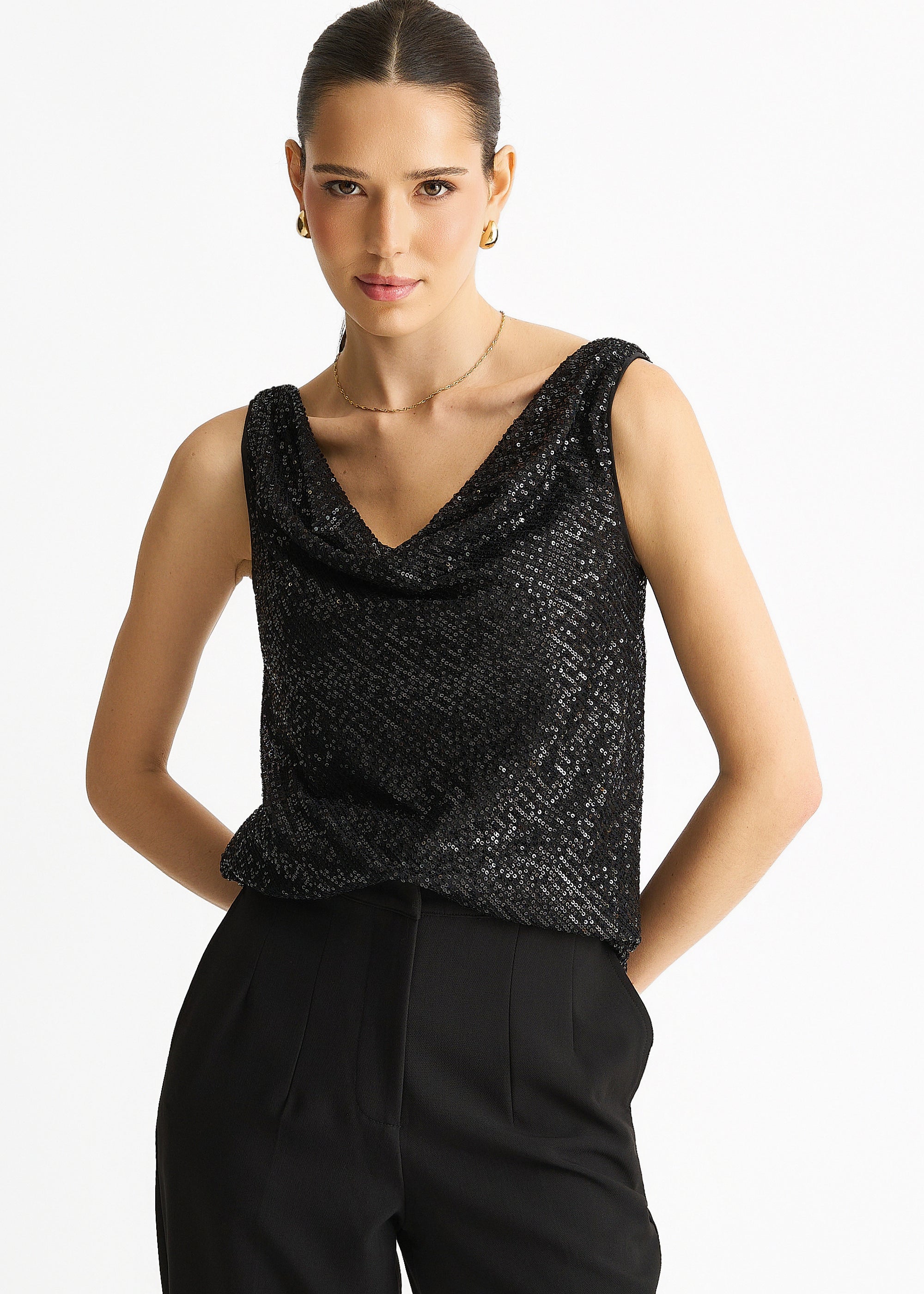 Gini London Black Sequin Cowl Neck Cami Top