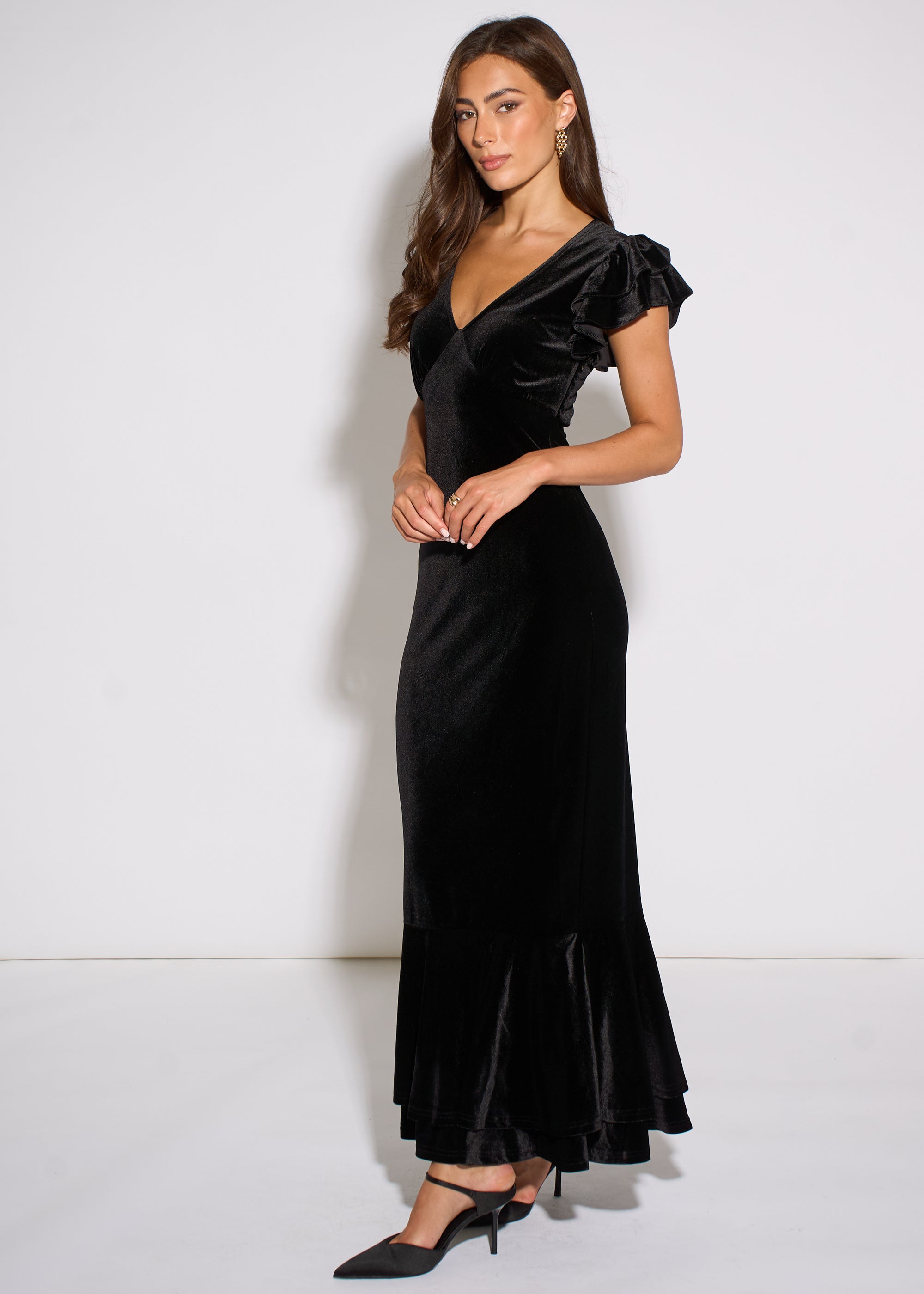 Gini London Black V Neck Ruffle Sleeves Velvet Occasion Maxi Dress
