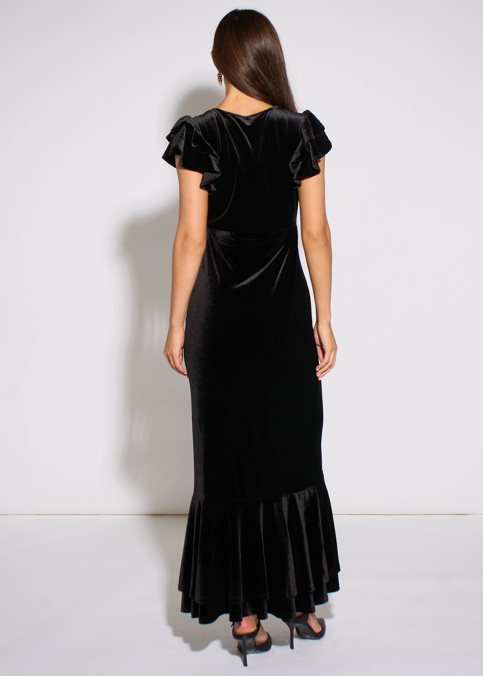 Gini London Black V Neck Ruffle Sleeves Velvet Occasion Maxi Dress
