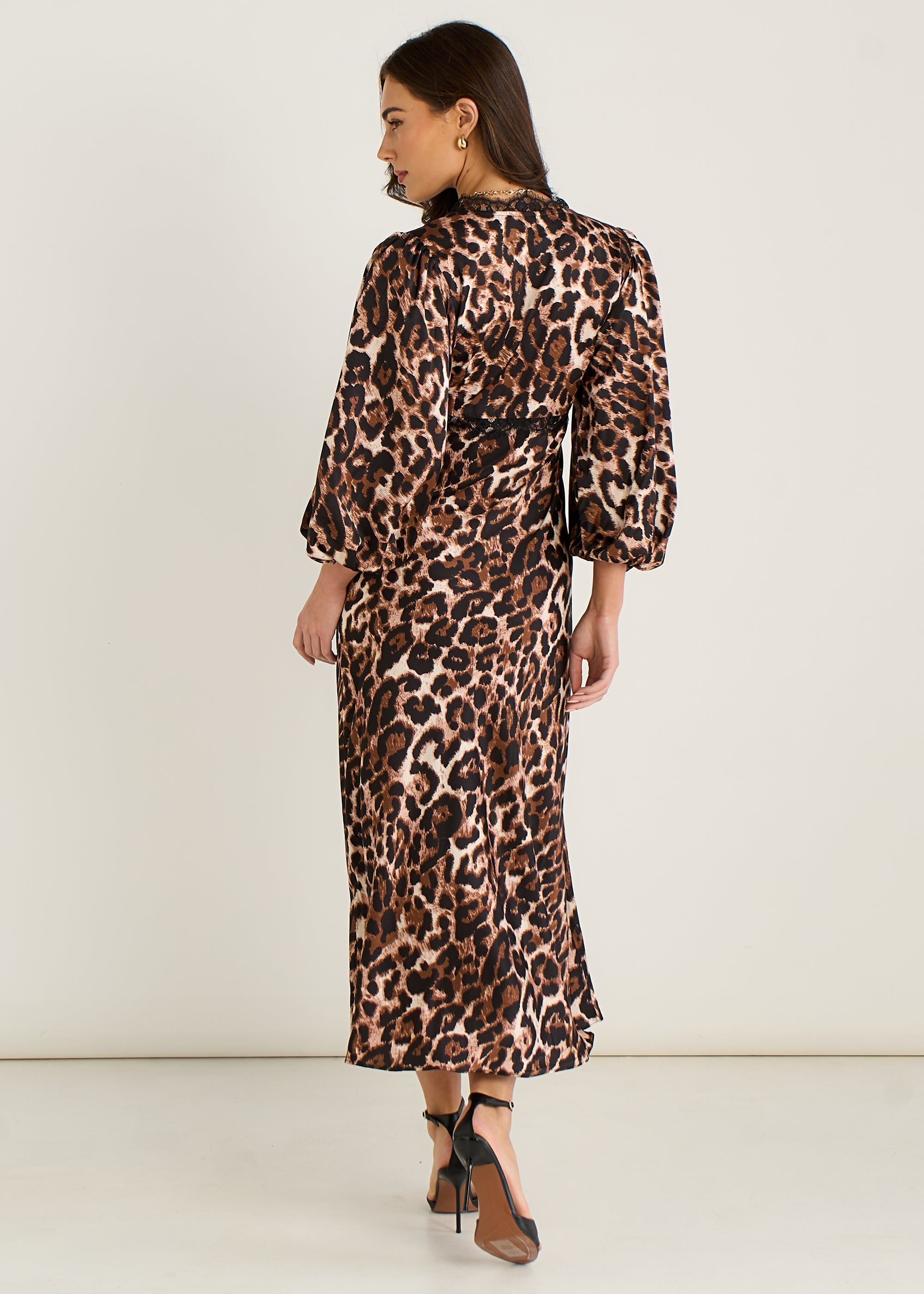 Gini London Brown Animal Lace Trim Satin Bias Midi Dress