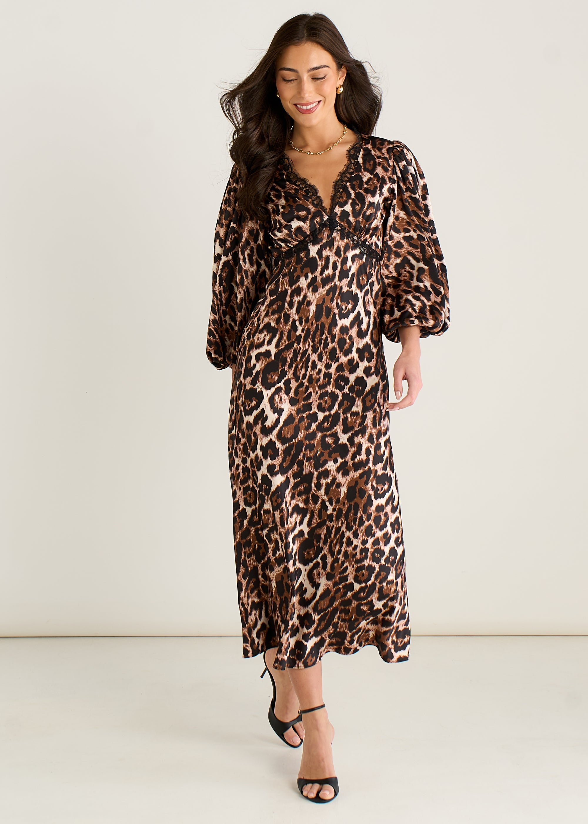 Gini London Brown Animal Lace Trim Satin Bias Midi Dress