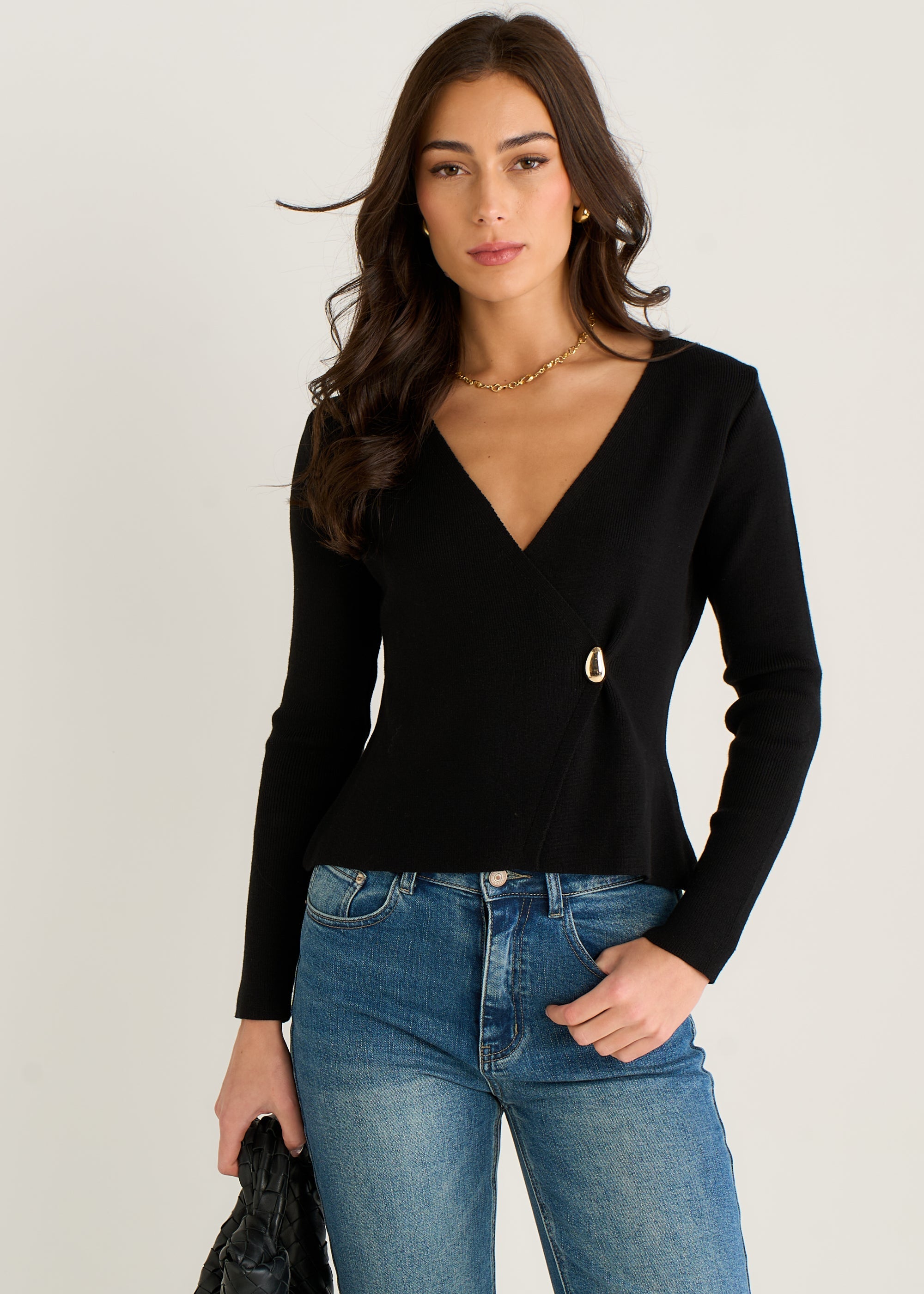 Gini London Black Button Wrap Compact Knit Cardigan