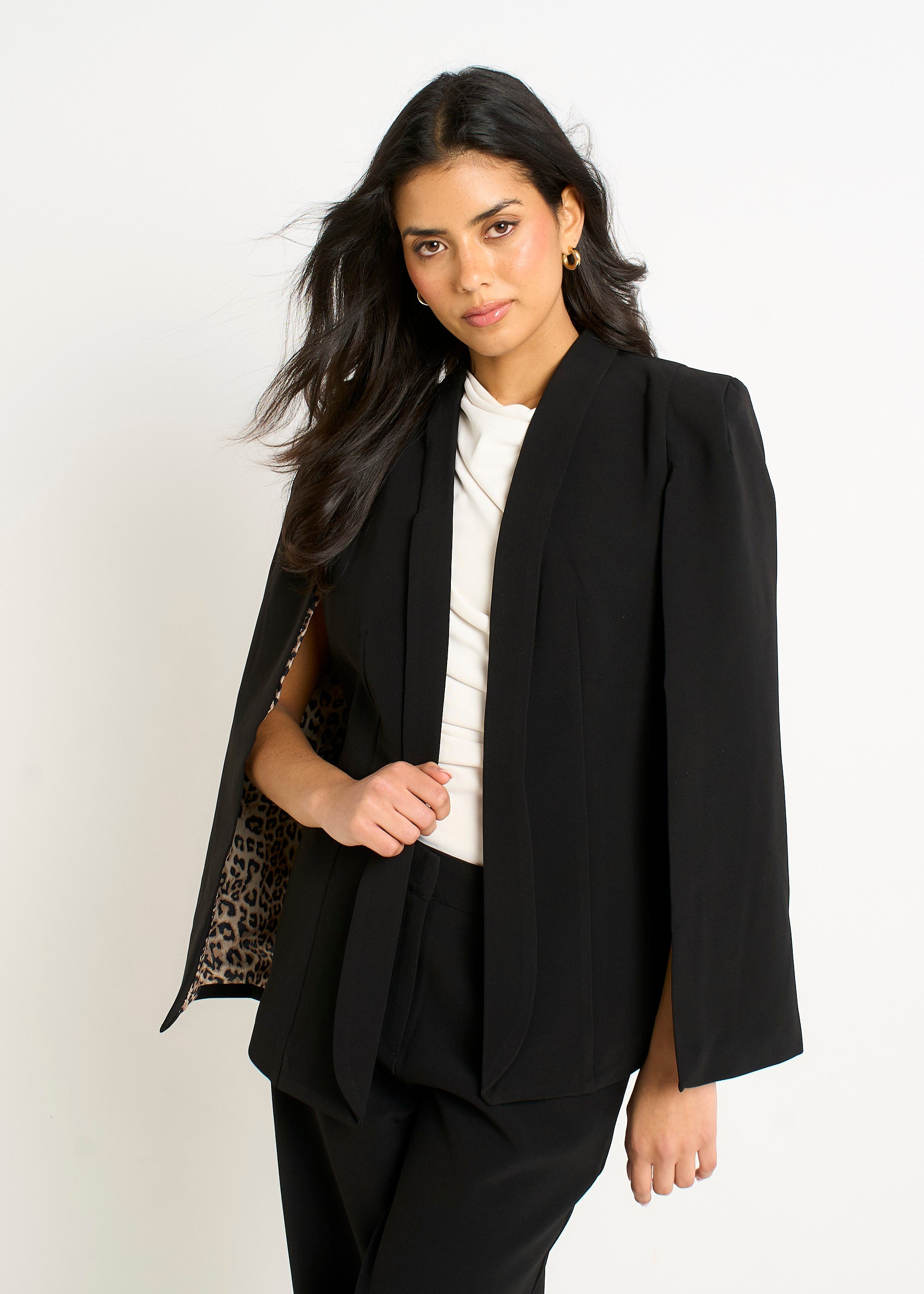 Gini London Black Tailored Cape with Leopard Print Lining