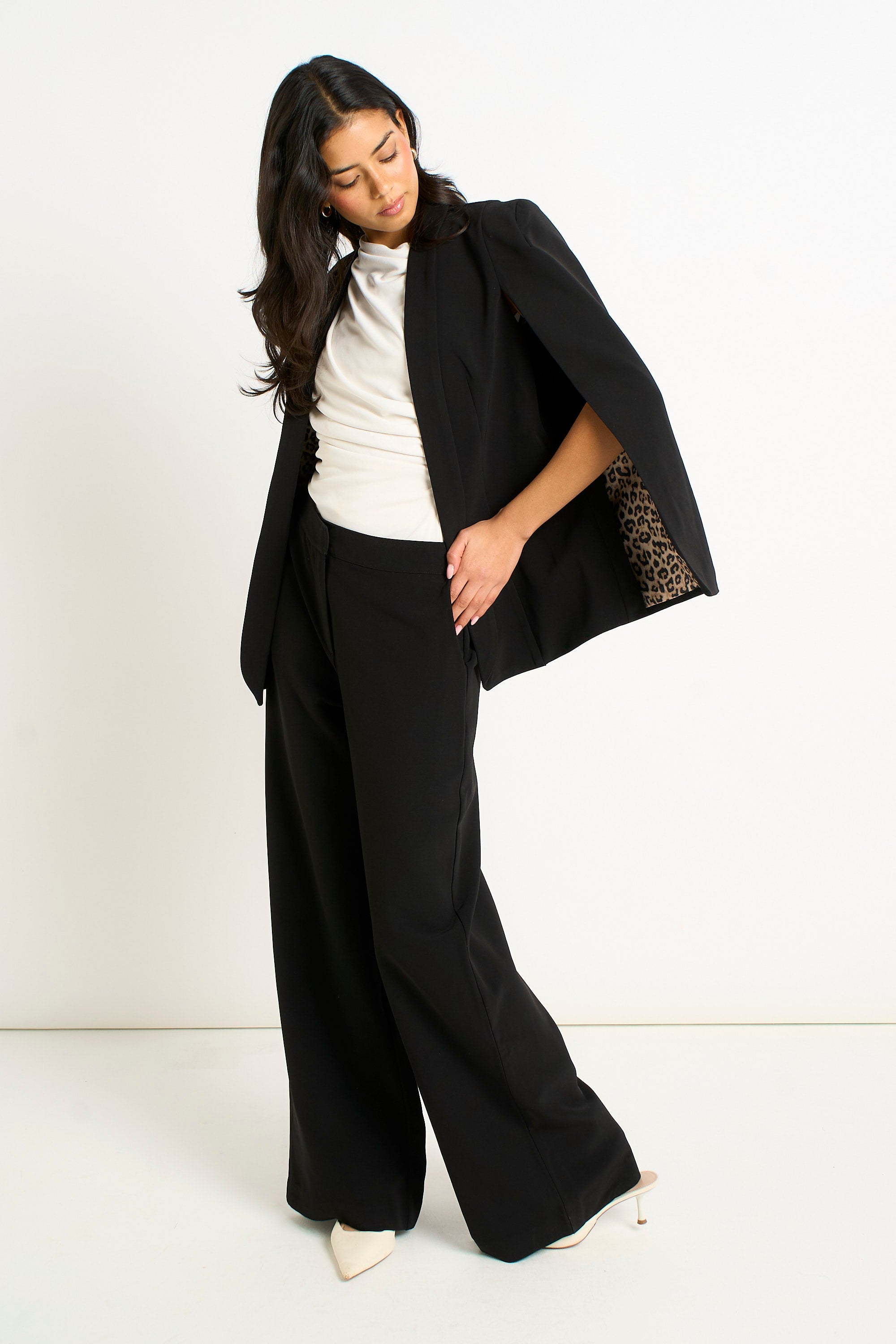 Gini London Black Tailored Cape with Leopard Print Lining