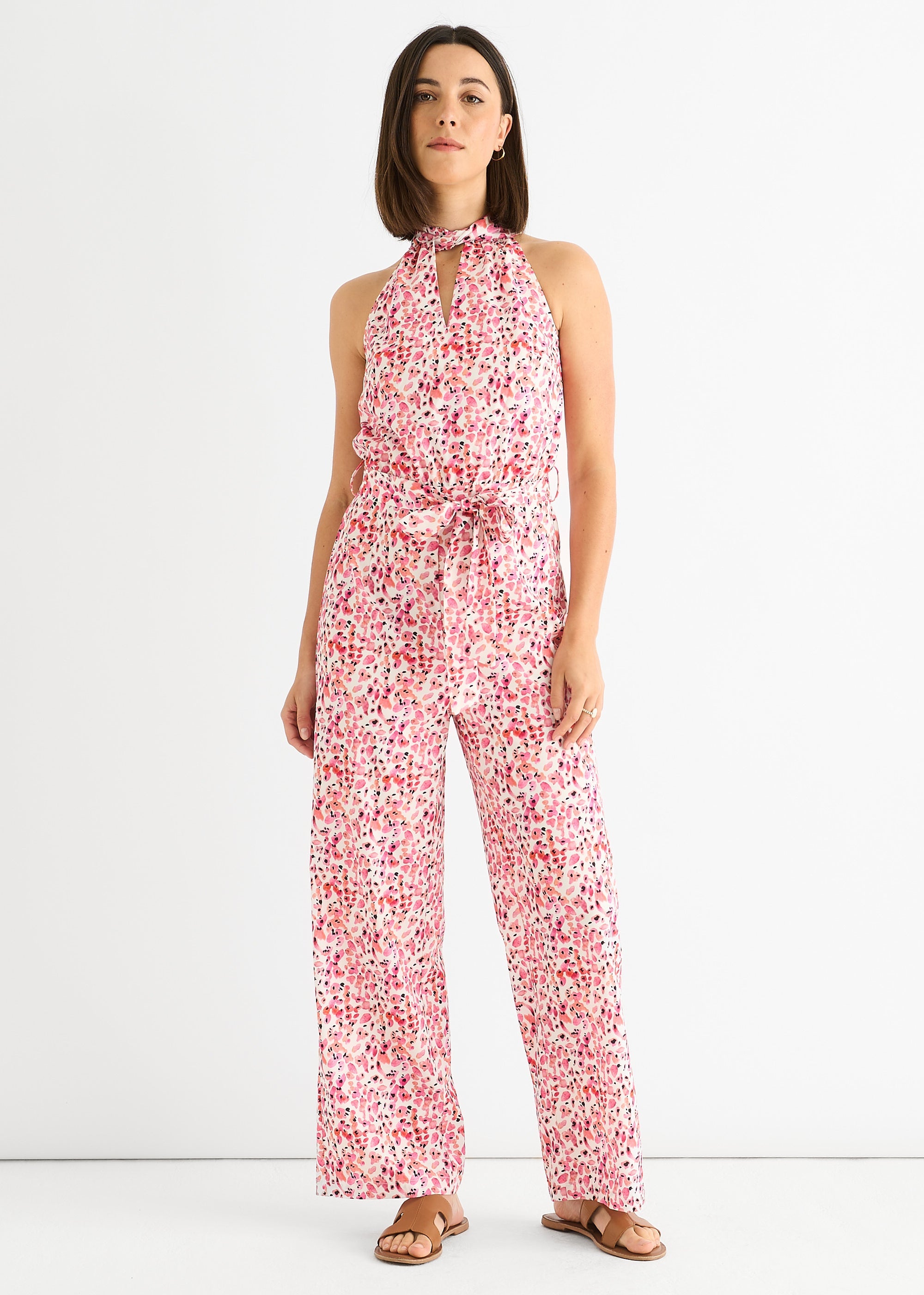 Gini London Pink Floral Halter Neck Jumpsuit