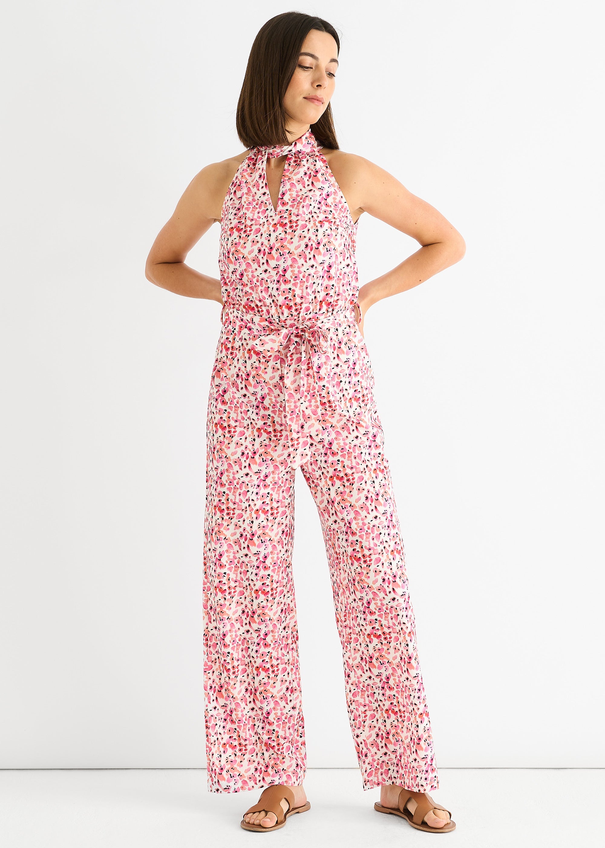 Gini London Pink Floral Halter Neck Jumpsuit