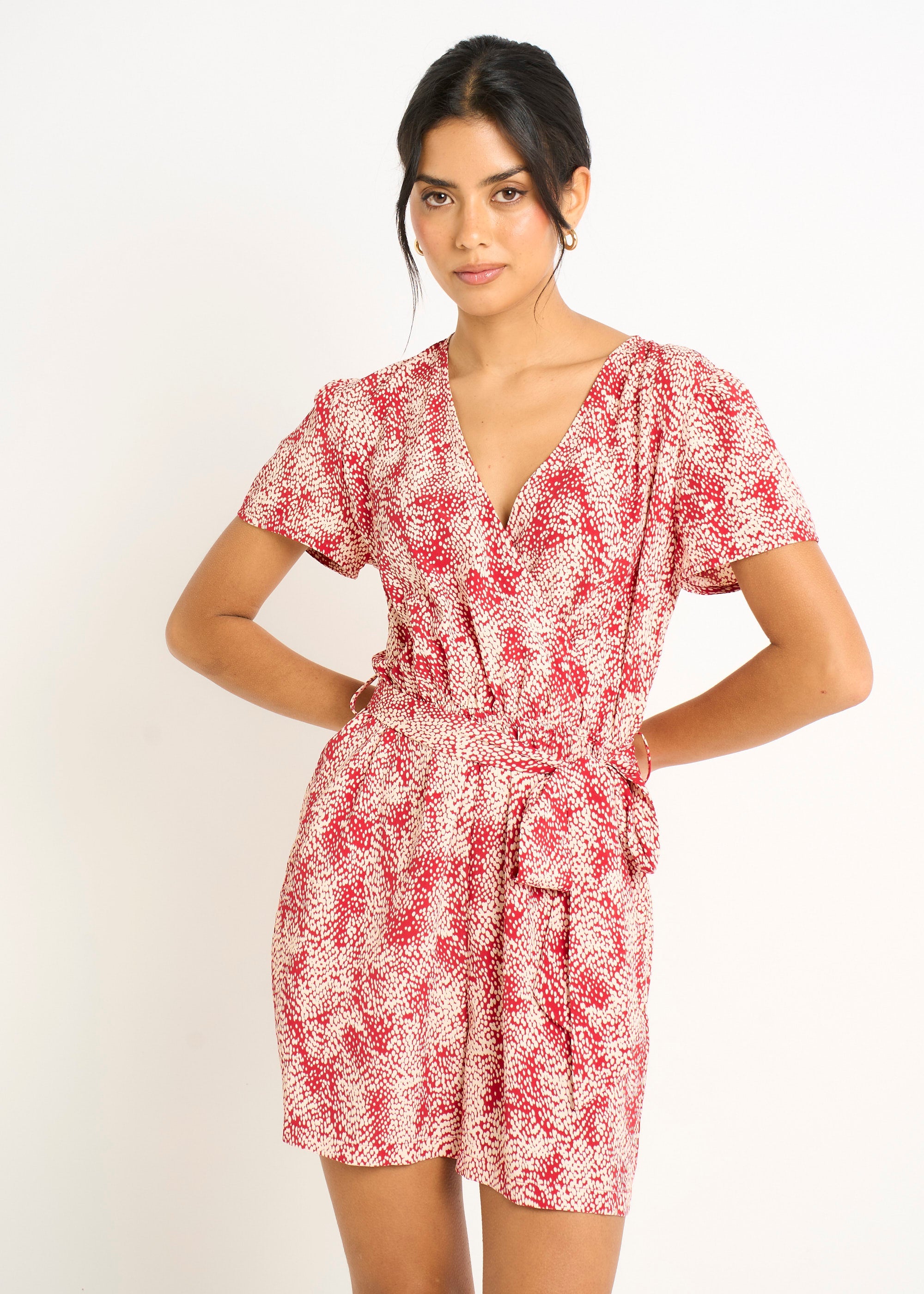 Gini London Red Abstract Animal Print Wrap Front Belted Playsuit