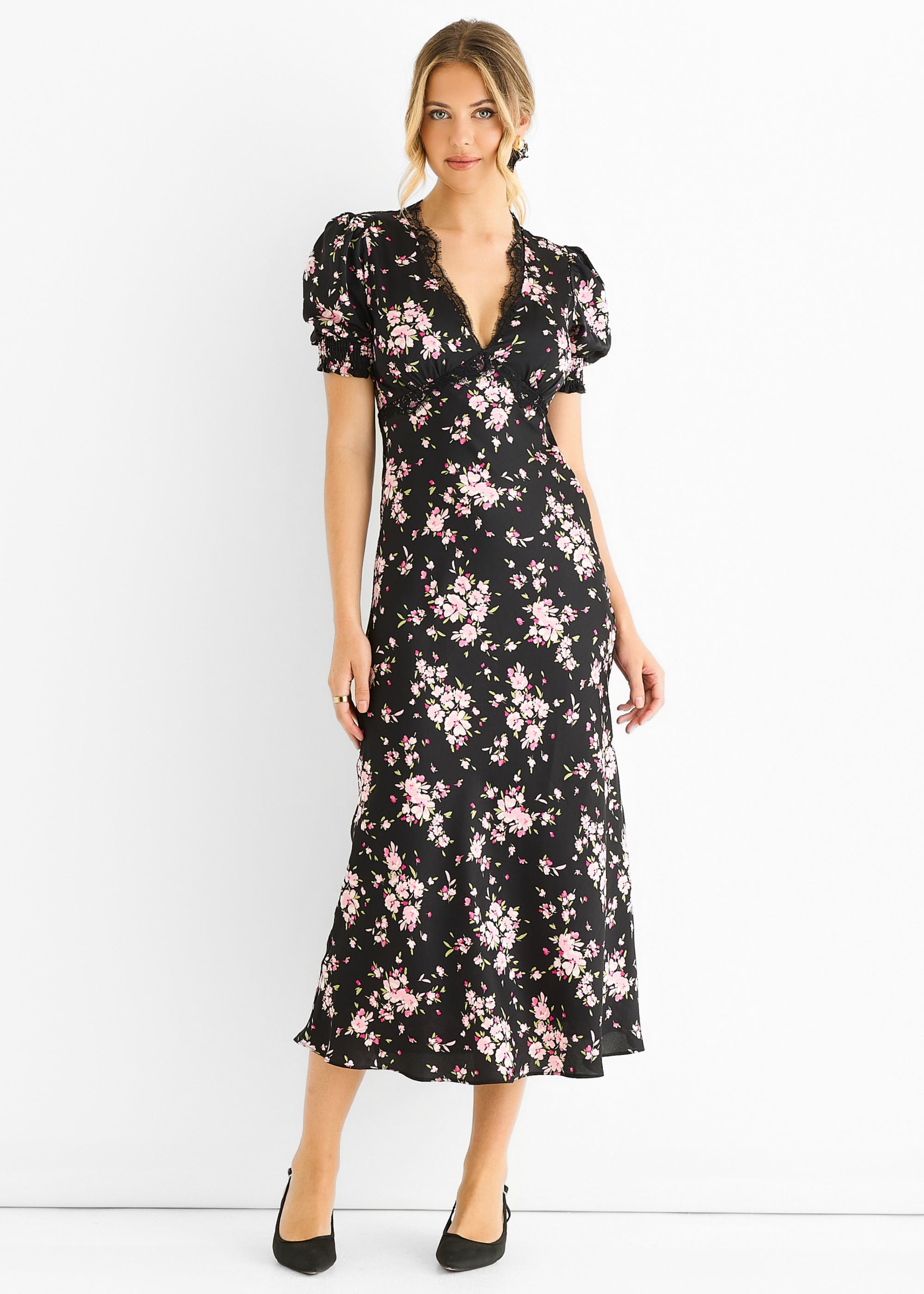 Gini London Black Floral Lace Trim Bias Midi Dress