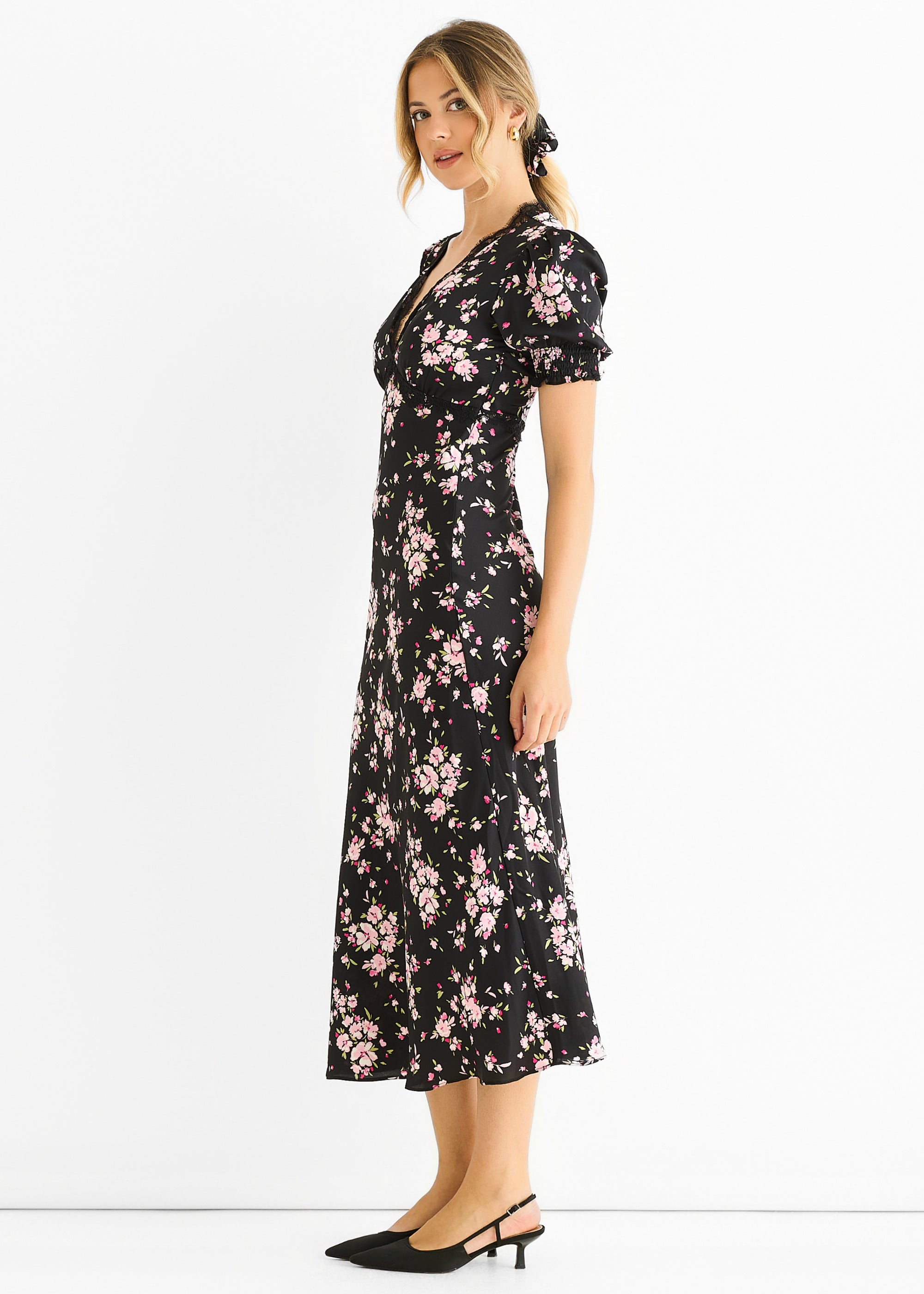 Gini London Black Floral Lace Trim Bias Midi Dress