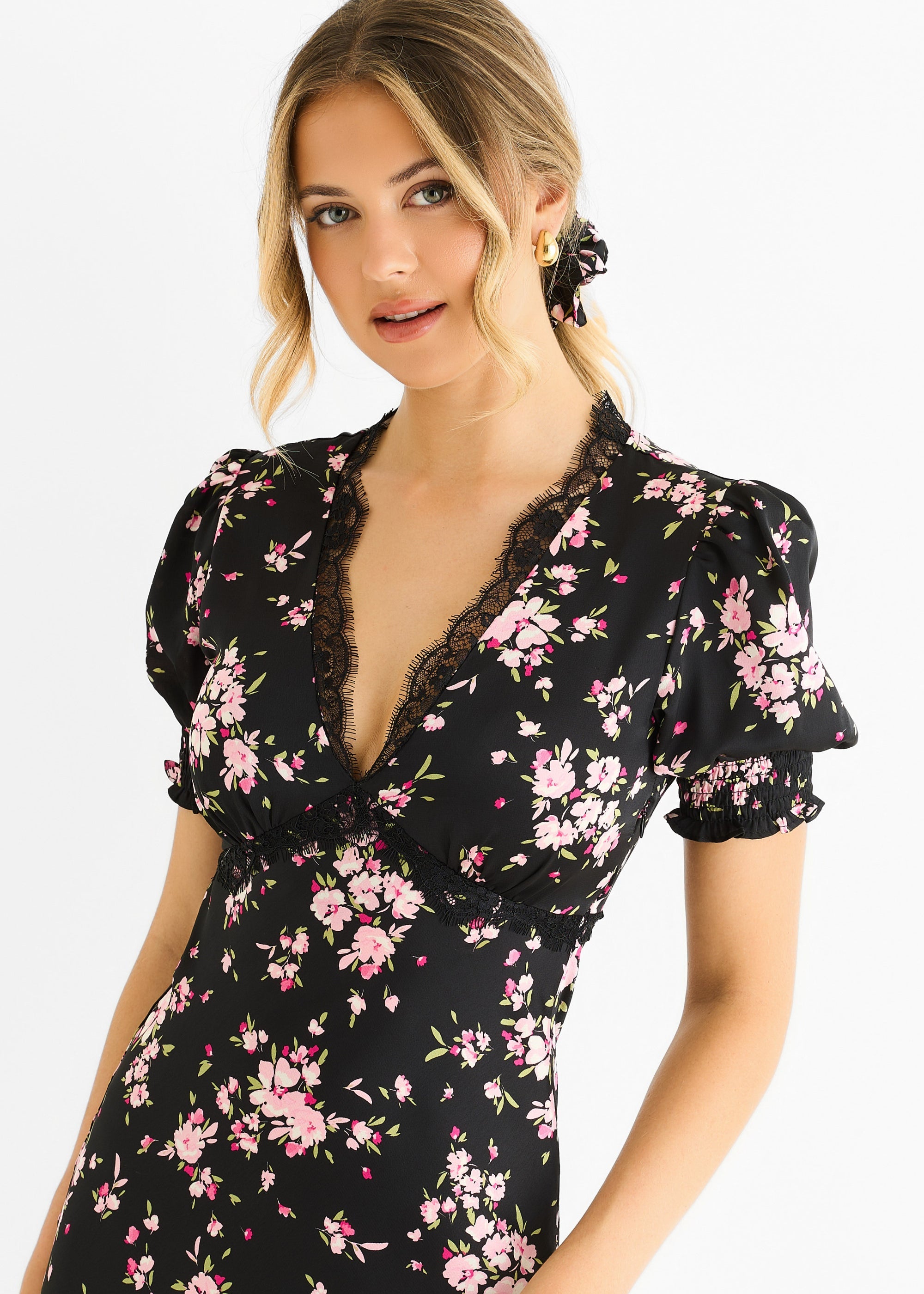 Gini London Black Floral Lace Trim Bias Midi Dress