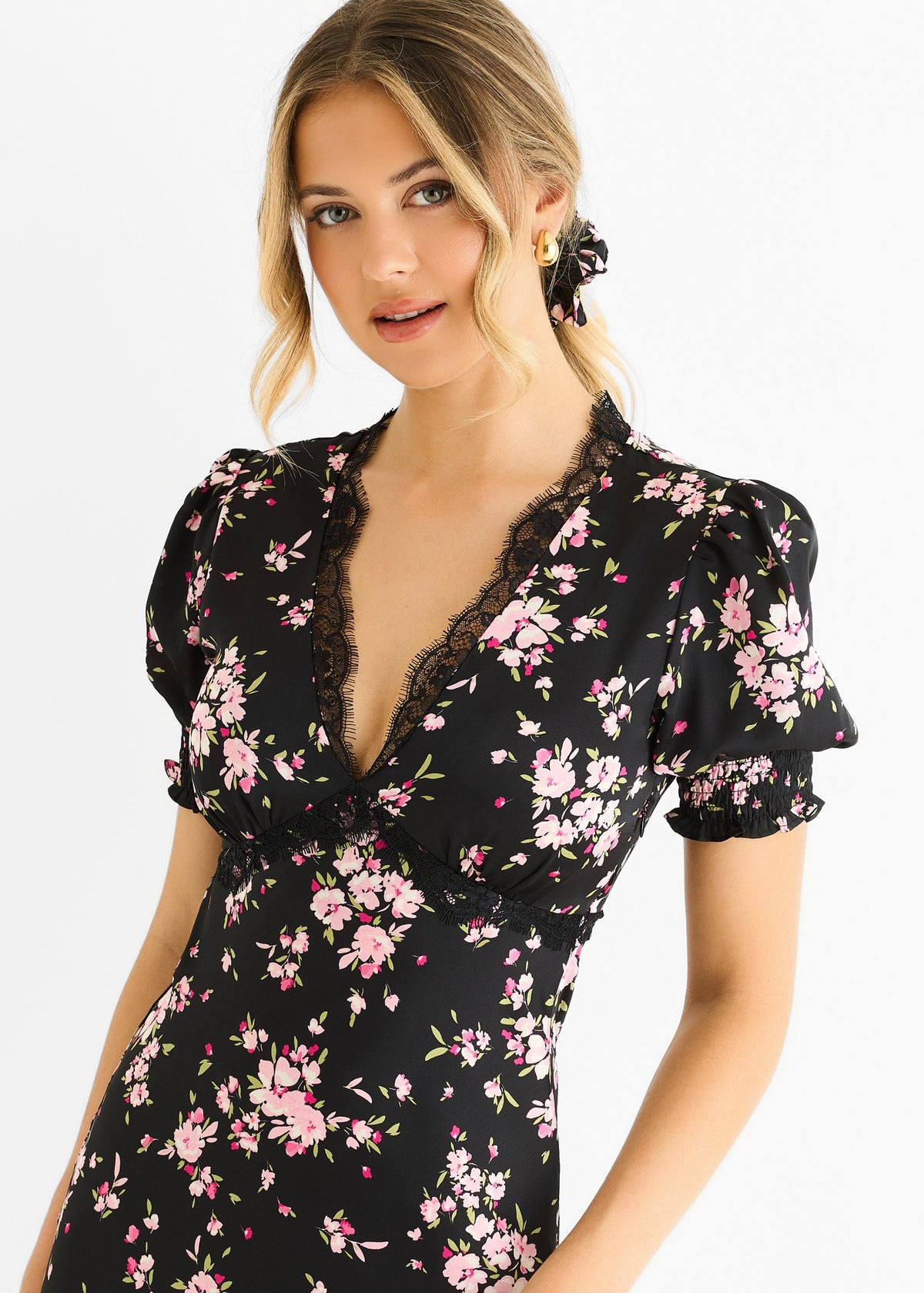 Gini London Black Floral Lace Trim Bias Midi Dress