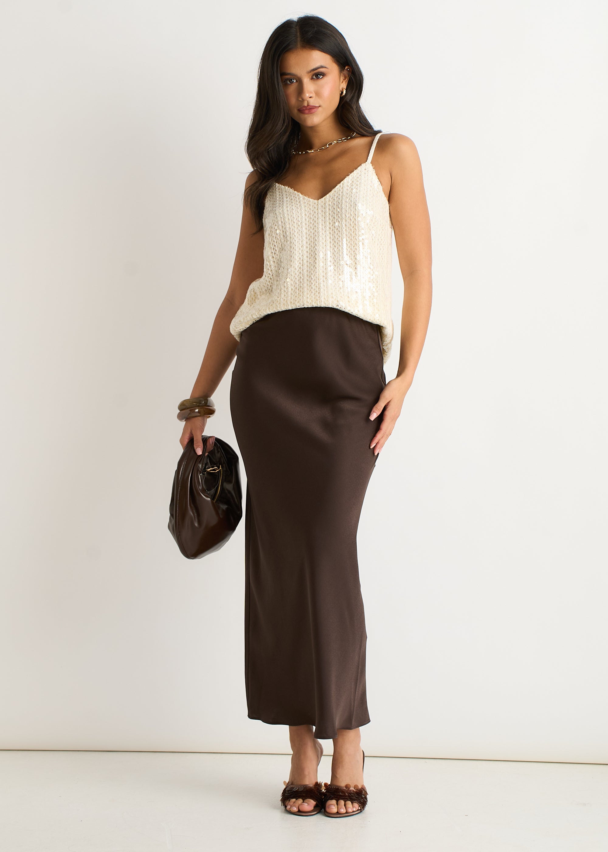 Gini London Cream Sequin V Neck Cami Top