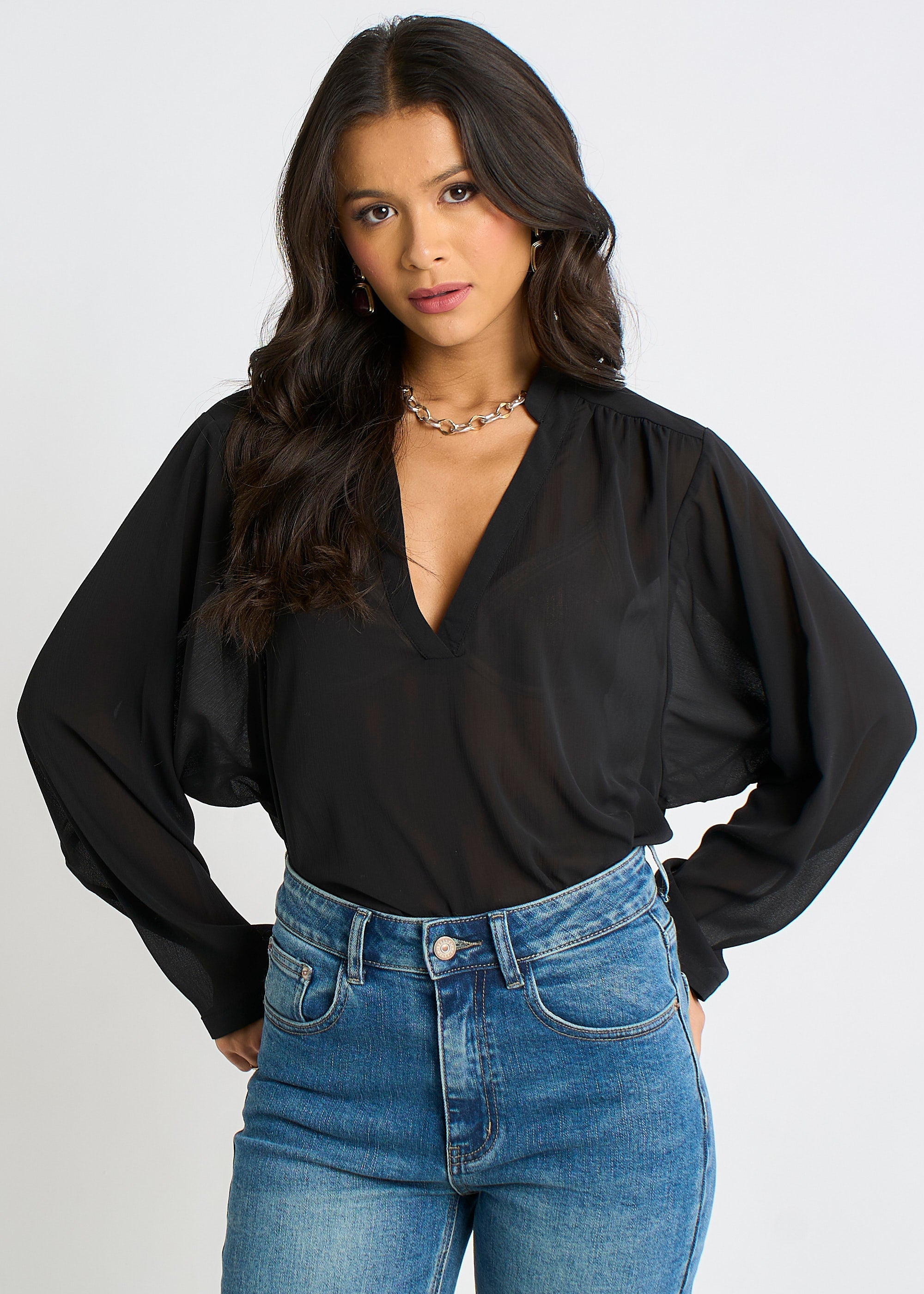 Black Textured Chiffon Oversized Blouse