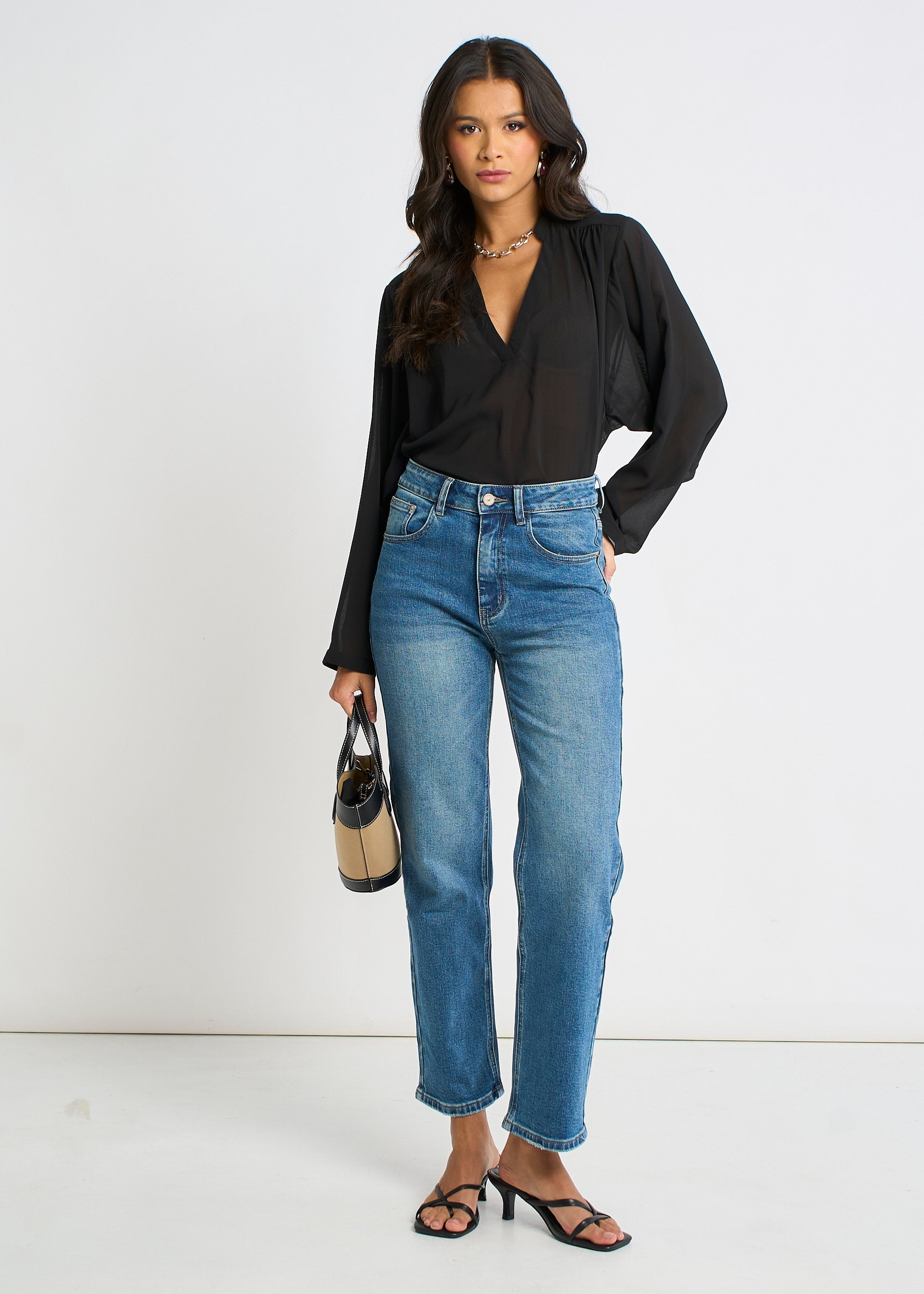 Gini London Black Textured Chiffon Oversized Blouse
