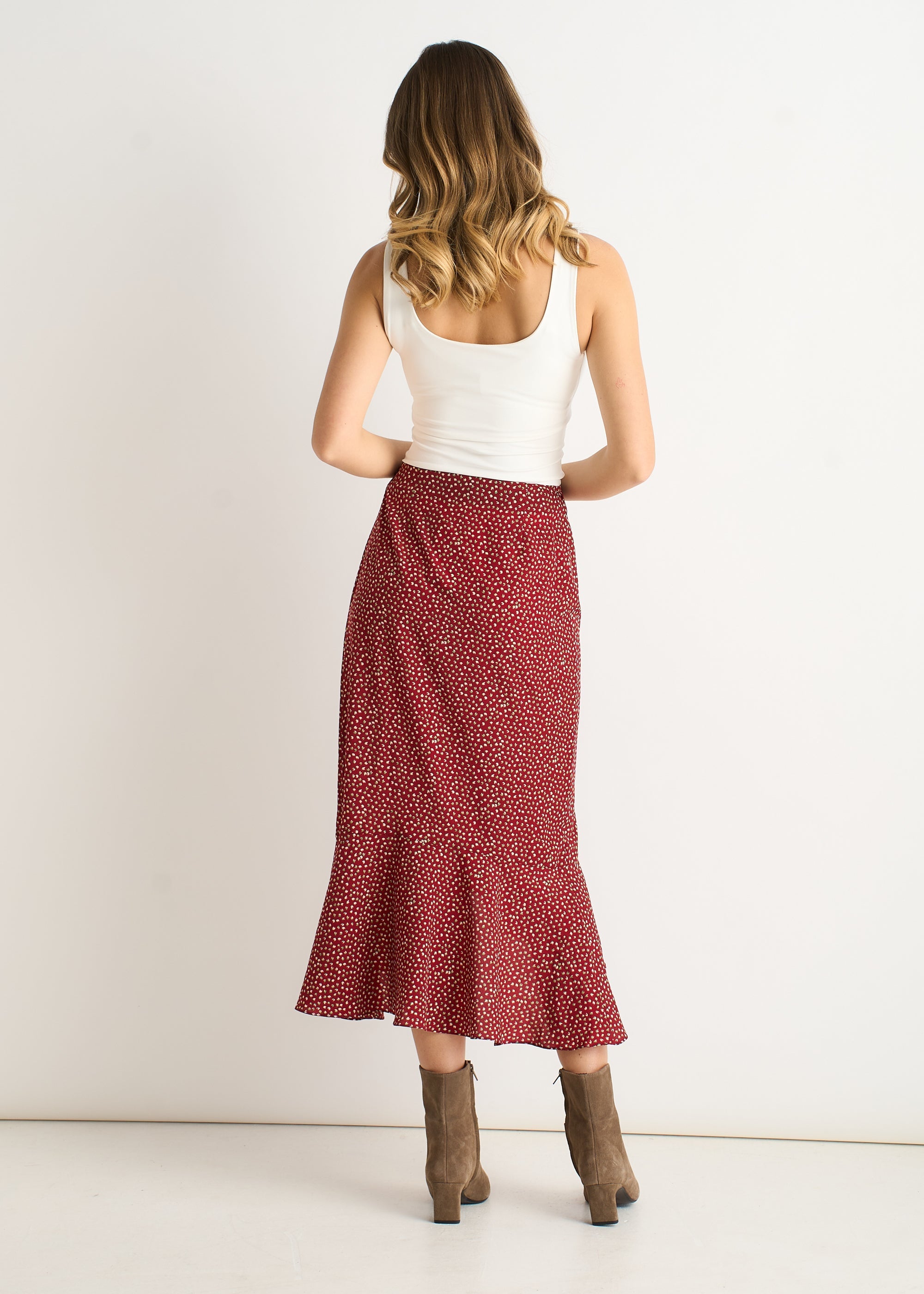 Red Polka Dot Ruffle Midi Skirt