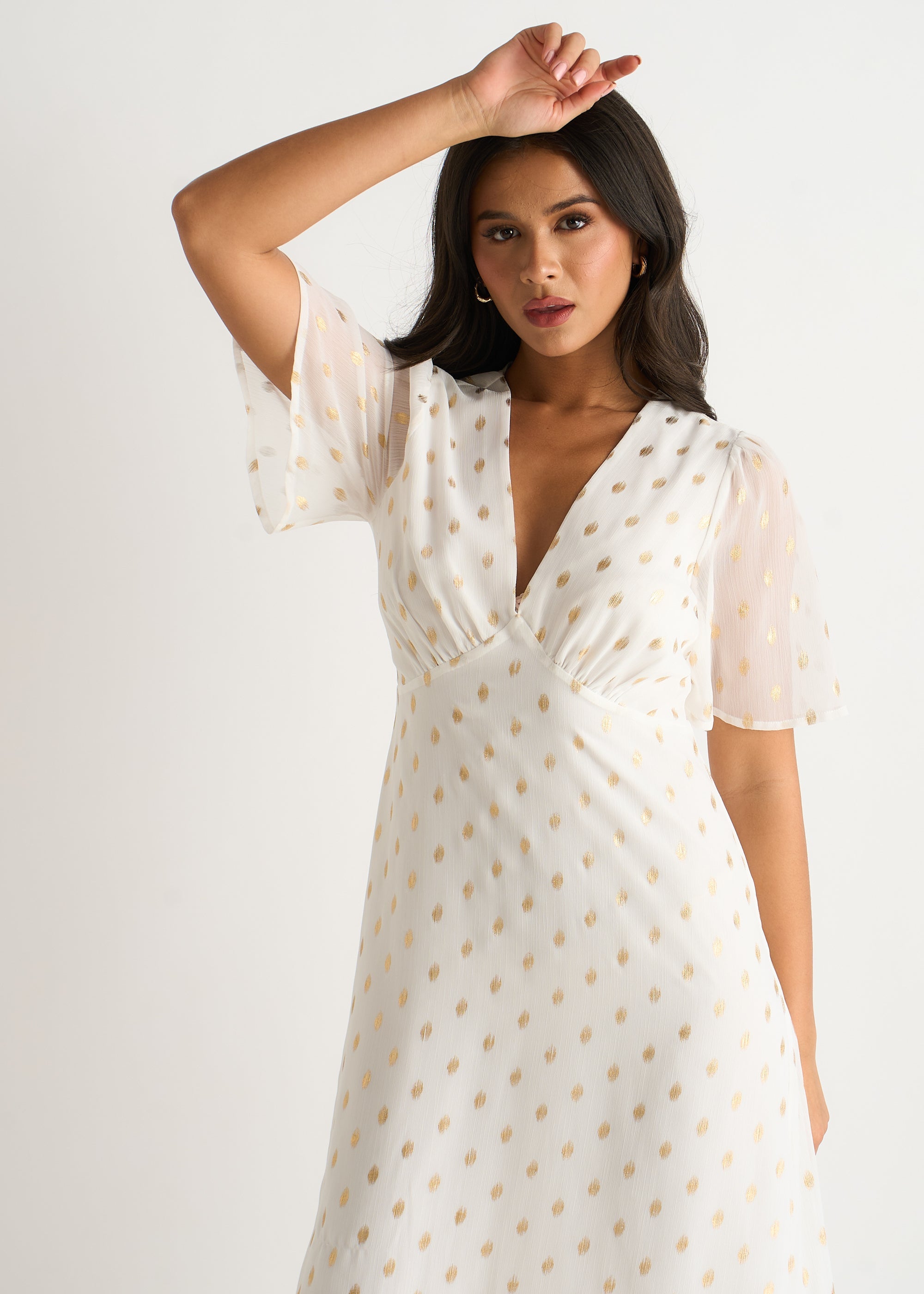 White V Neck Foil Midi Skater Dress