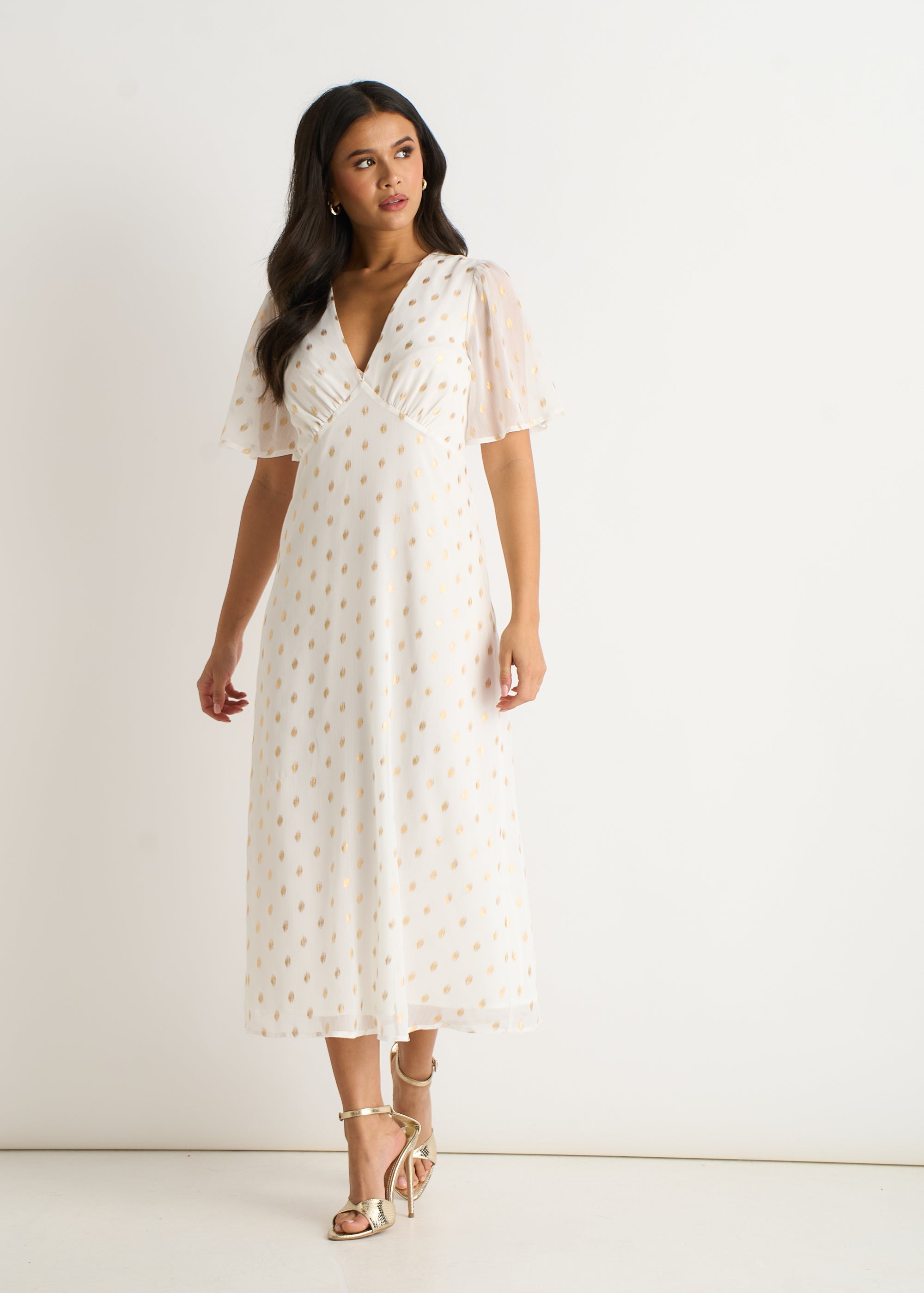 Gini London White V Neck Foil Midi Skater Dress