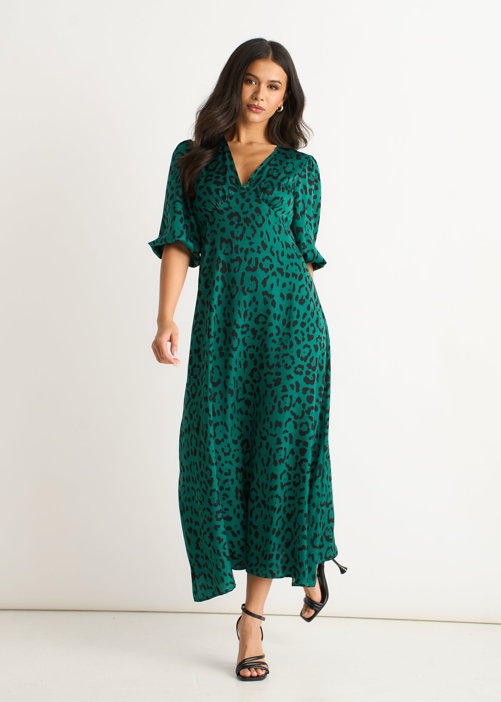 Gini London Green Animal Print Satin Midi Dress