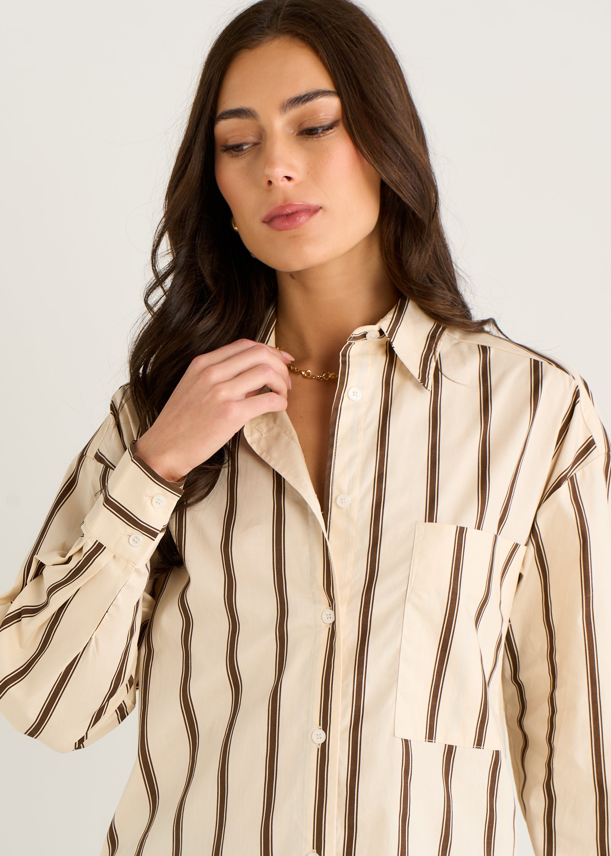 Gini London Cream Oversized Neutral Stripe Button-Down Shirt