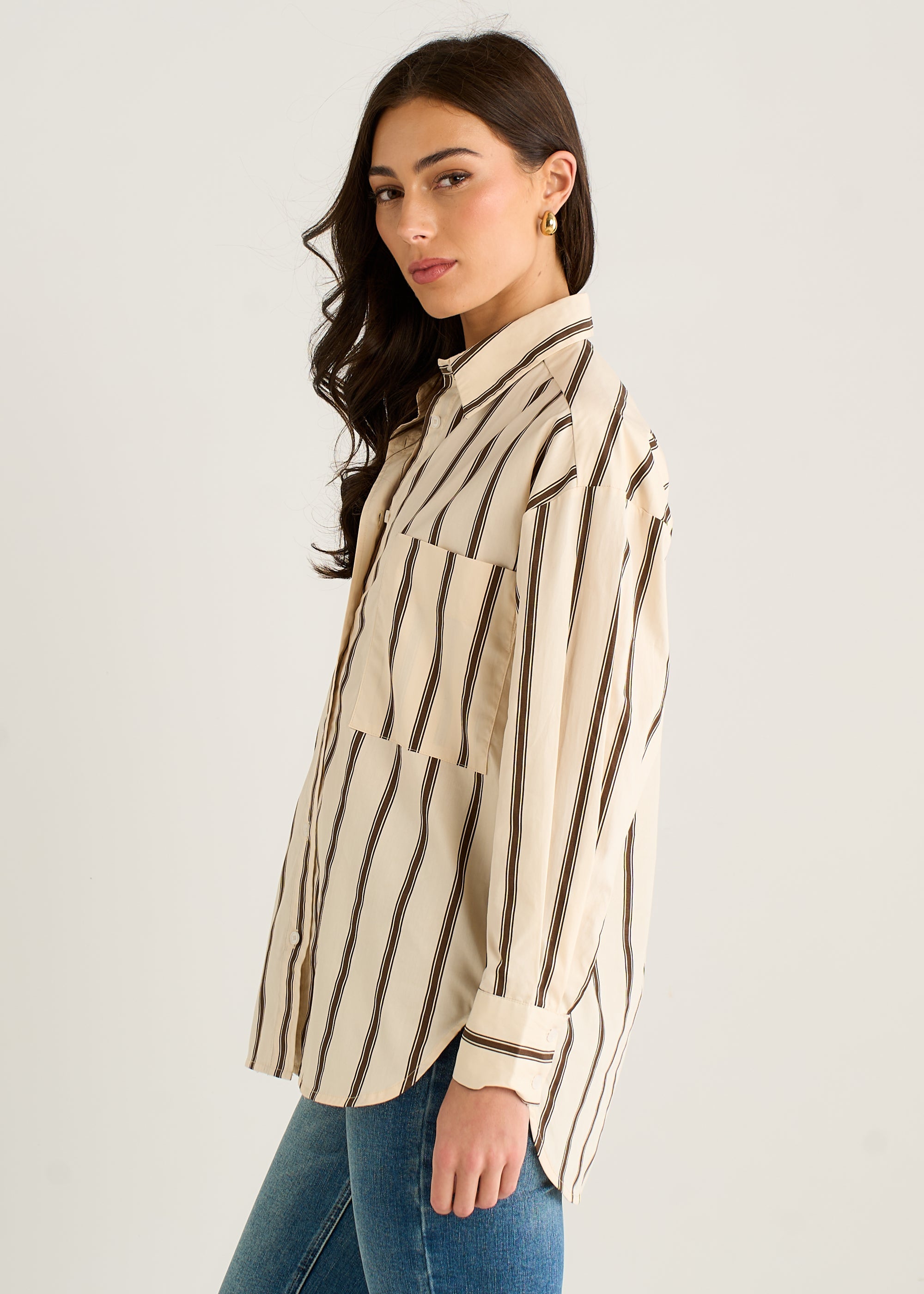 Gini London Cream Oversized Neutral Stripe Button-Down Shirt