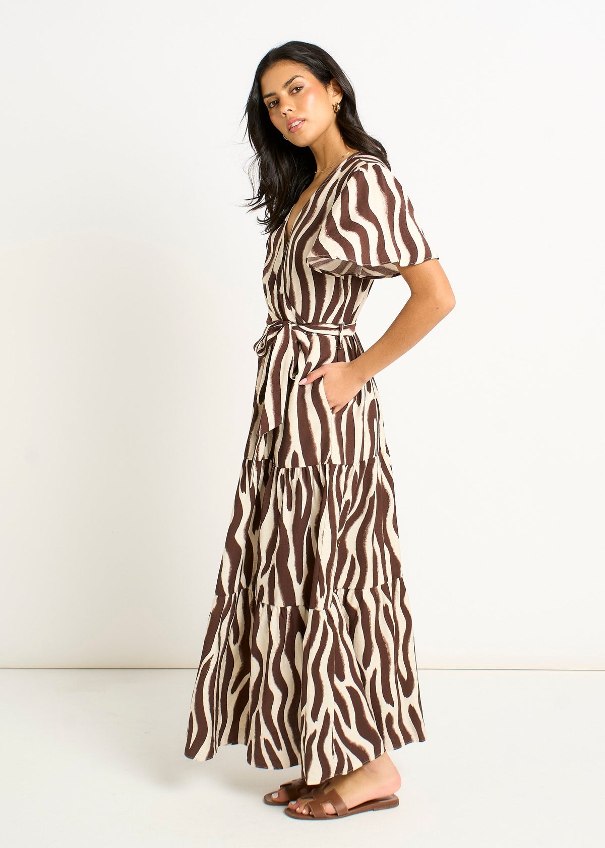 Gini London Chocolate Zebra Print Wrap Midi Dres