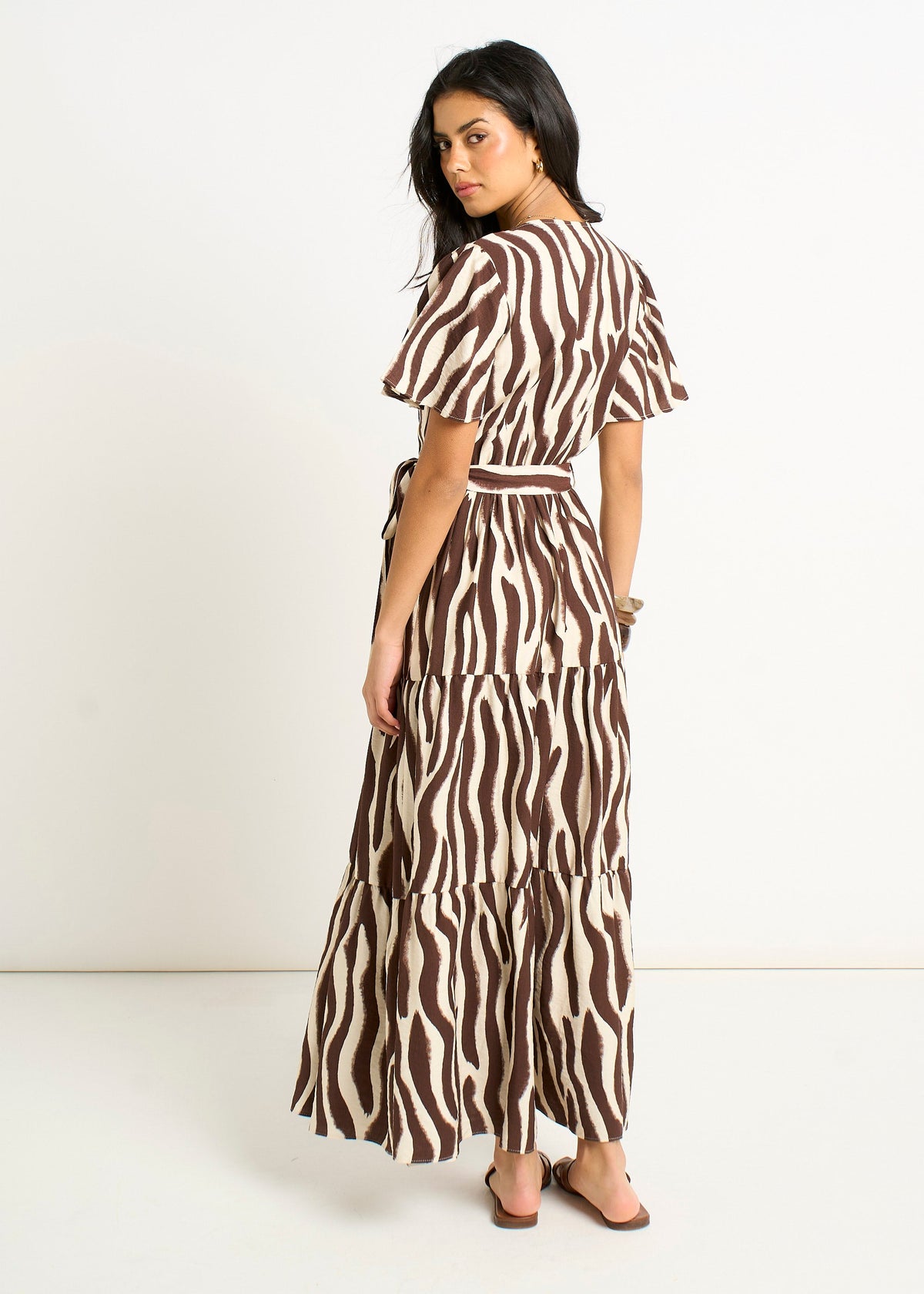 Gini London Chocolate Zebra Print Wrap Midi Dres