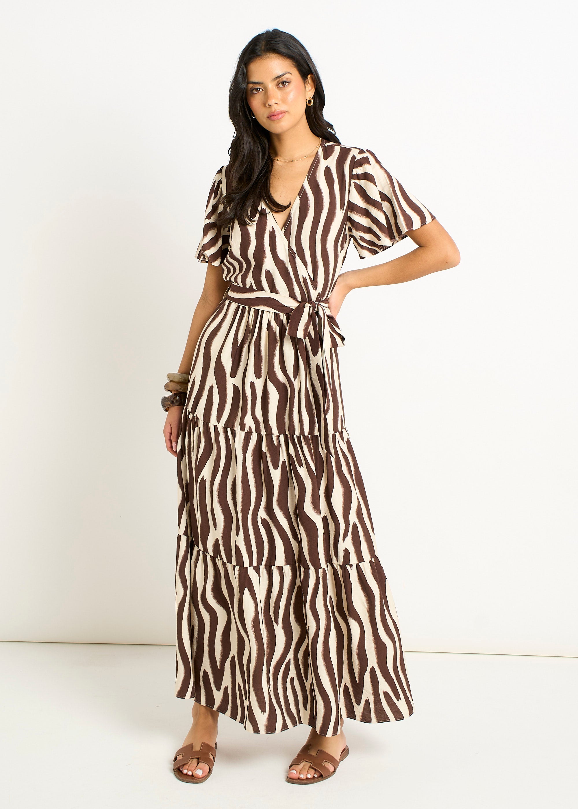 Gini London Chocolate Zebra Print Wrap Midi Dres