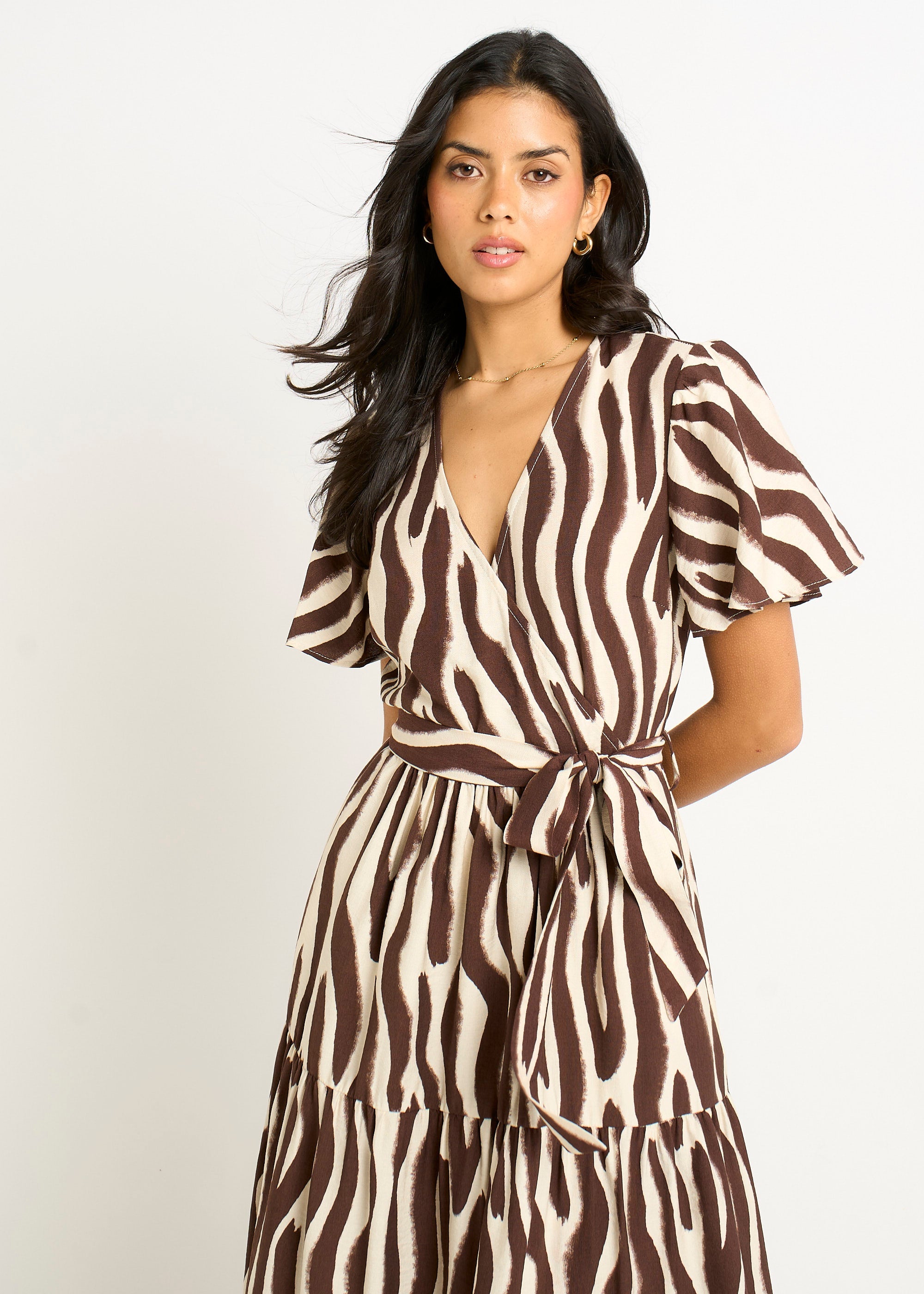 Gini London Chocolate Zebra Print Wrap Midi Dres