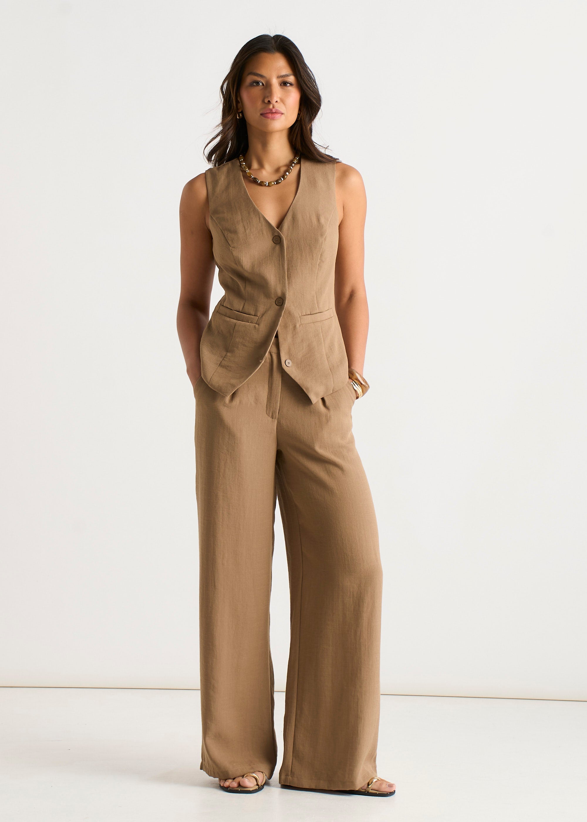 Gini London Camel Button Through Tailored Waistcoat