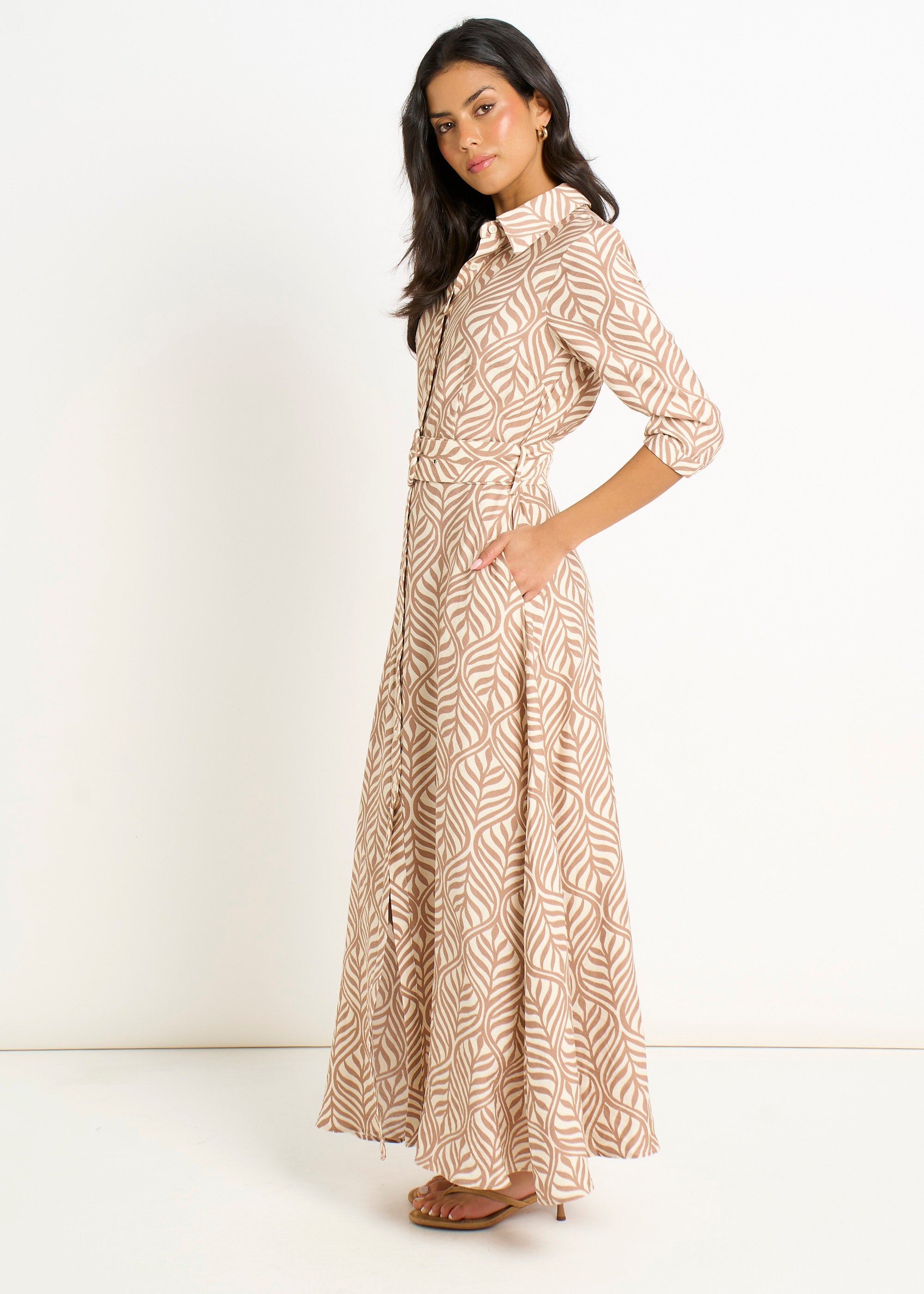 Beige Belted Shirt Maxi Dress