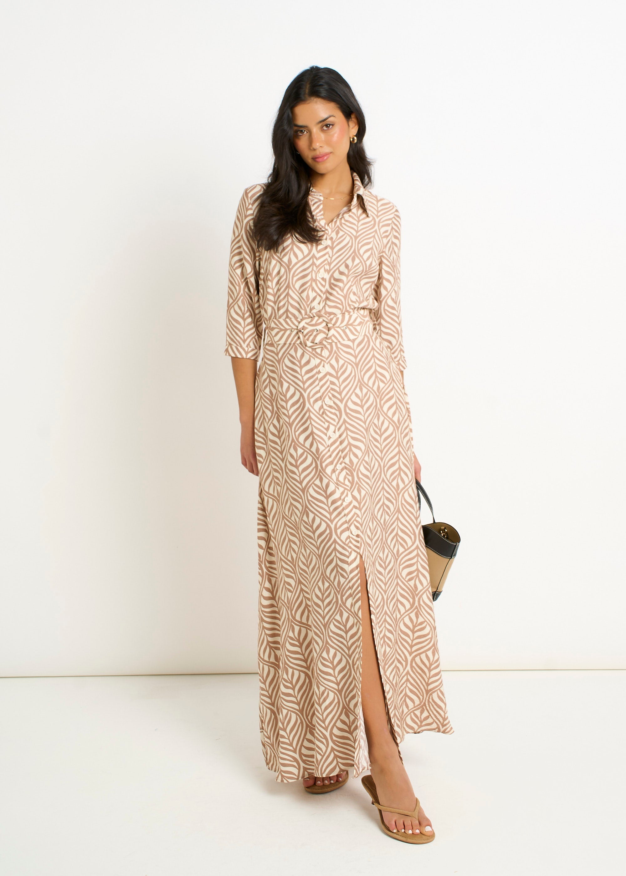 Gini London Beige Belted Shirt Maxi Dress