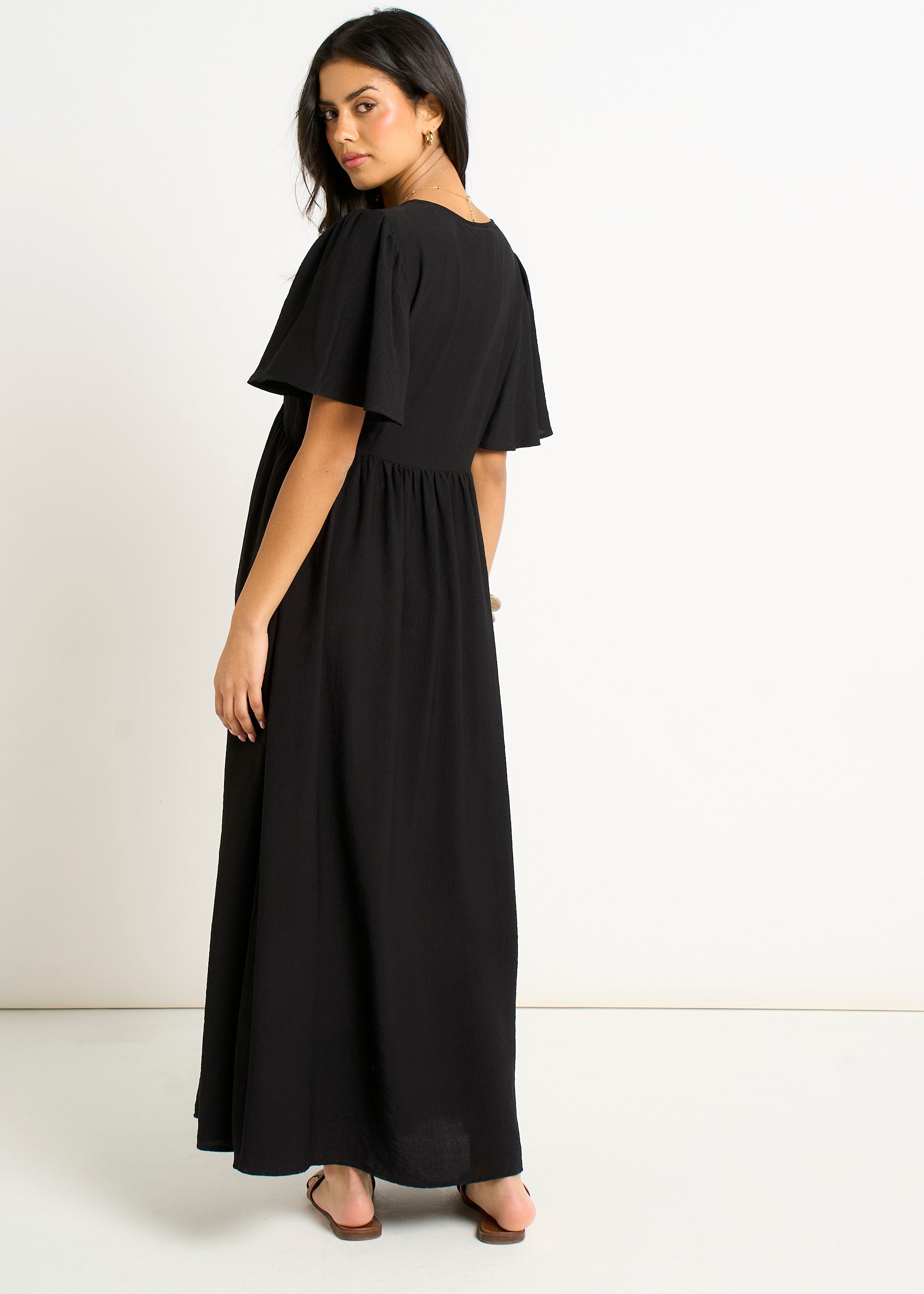 Gini London Black V Neck Angel Sleeves Skater Maxi Dress