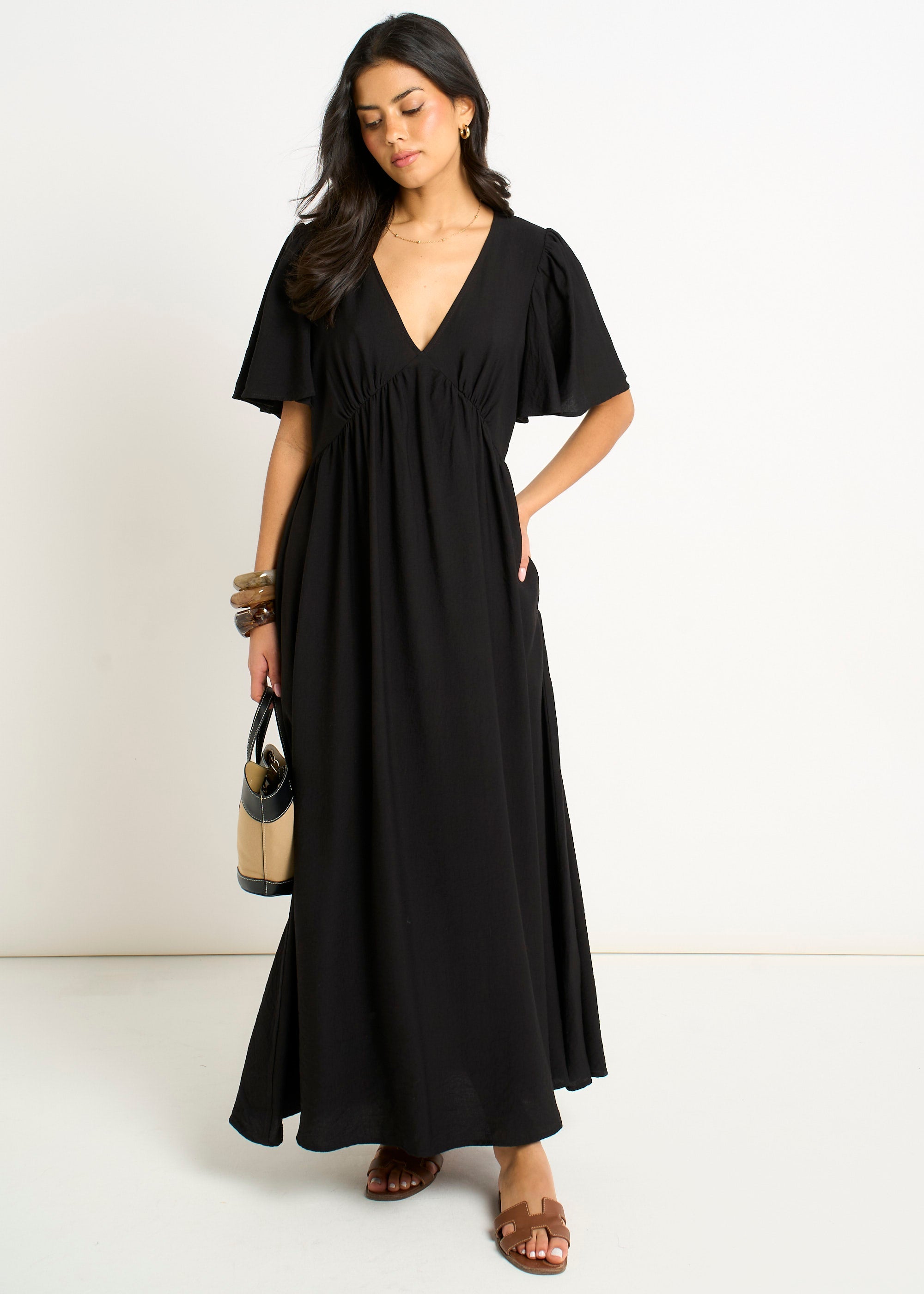 Gini London Black V Neck Angel Sleeves Skater Maxi Dress